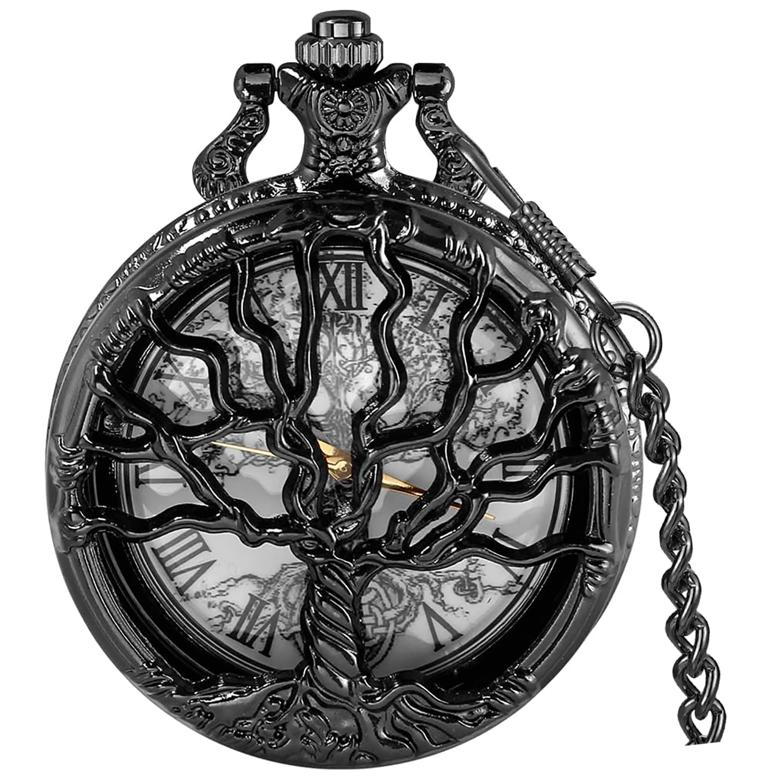 TiongPocket Watch Hollow Tree of Life Design Roman/Arabic Numerals Quartz Pocket Watches with Chain Pendant for Men Women