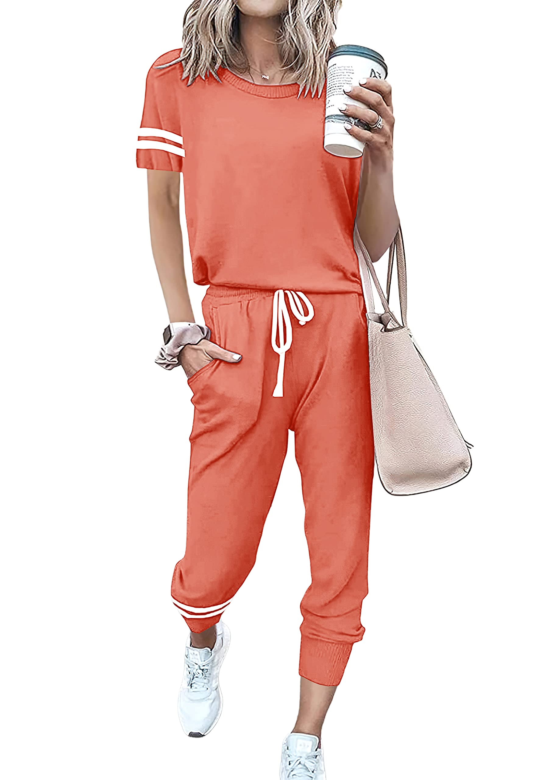 PRETTYGARDEN Women Summer Two Piece Outfits Striped Short Sleeve Pullover and Long Pants Tracksuit Travel Pajama Lounge Set