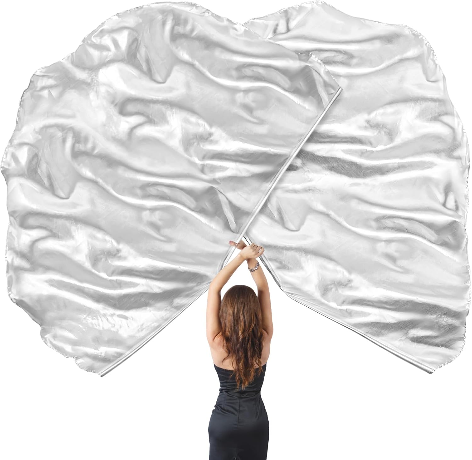 2 Pcs Praise Dance Worship Flags, 55" Worship Flags Set with Scalable Rod, Semicircle Worship Angel Wing Flag Silk Flex Flag for Dance Church Light 2 PCS Sliver