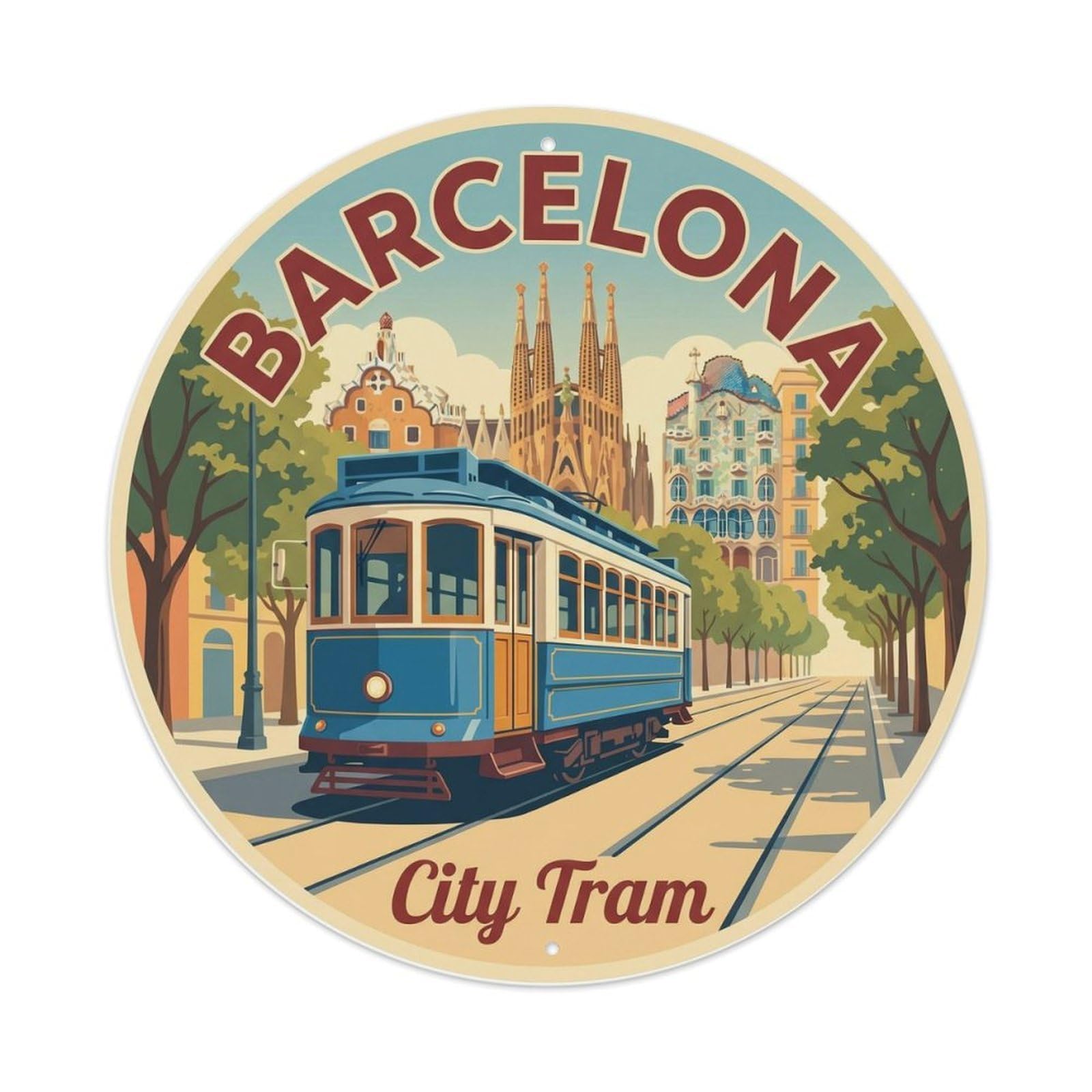 Barcelona Tram Sightseeing Vintage Travel Catalan Heritage Metal Tin Sign Plaque Wall Decor for Cafe, Man Cave, Club Bar, Office, Home Garden Round Metal Poster 8x8Inch