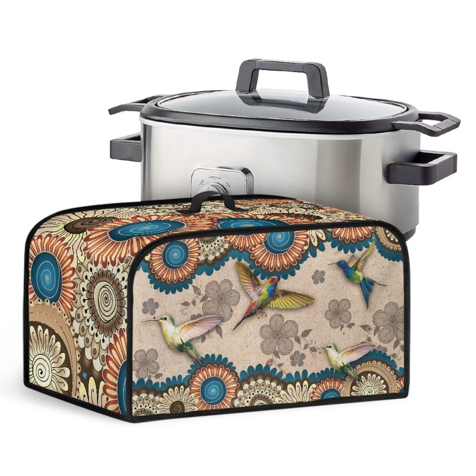 TODIYADDU Boho Flower Hummingbird Slow Cooker Carrying Case Insulated Kitchen Appliance Dust Cover with Handle and Storage Pocket