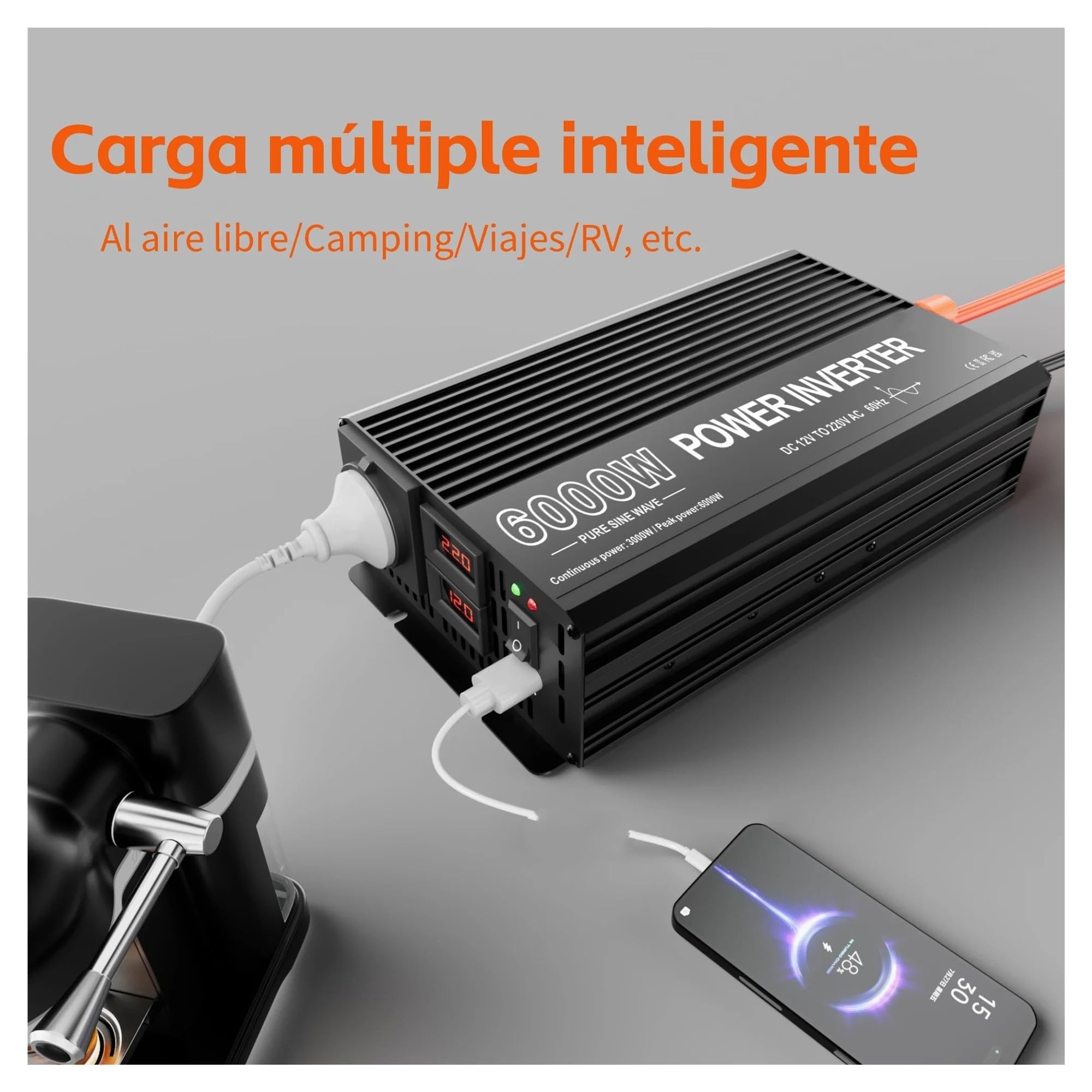 Invertitore Potenza Inverter A Onda Pura 12v 220v, Potenza Di Picco 6000W/potenza Nominale 3000W, Trasformatore 12 V 220V, Convertitore Da CC A CA Per Auto Inverter(12V)