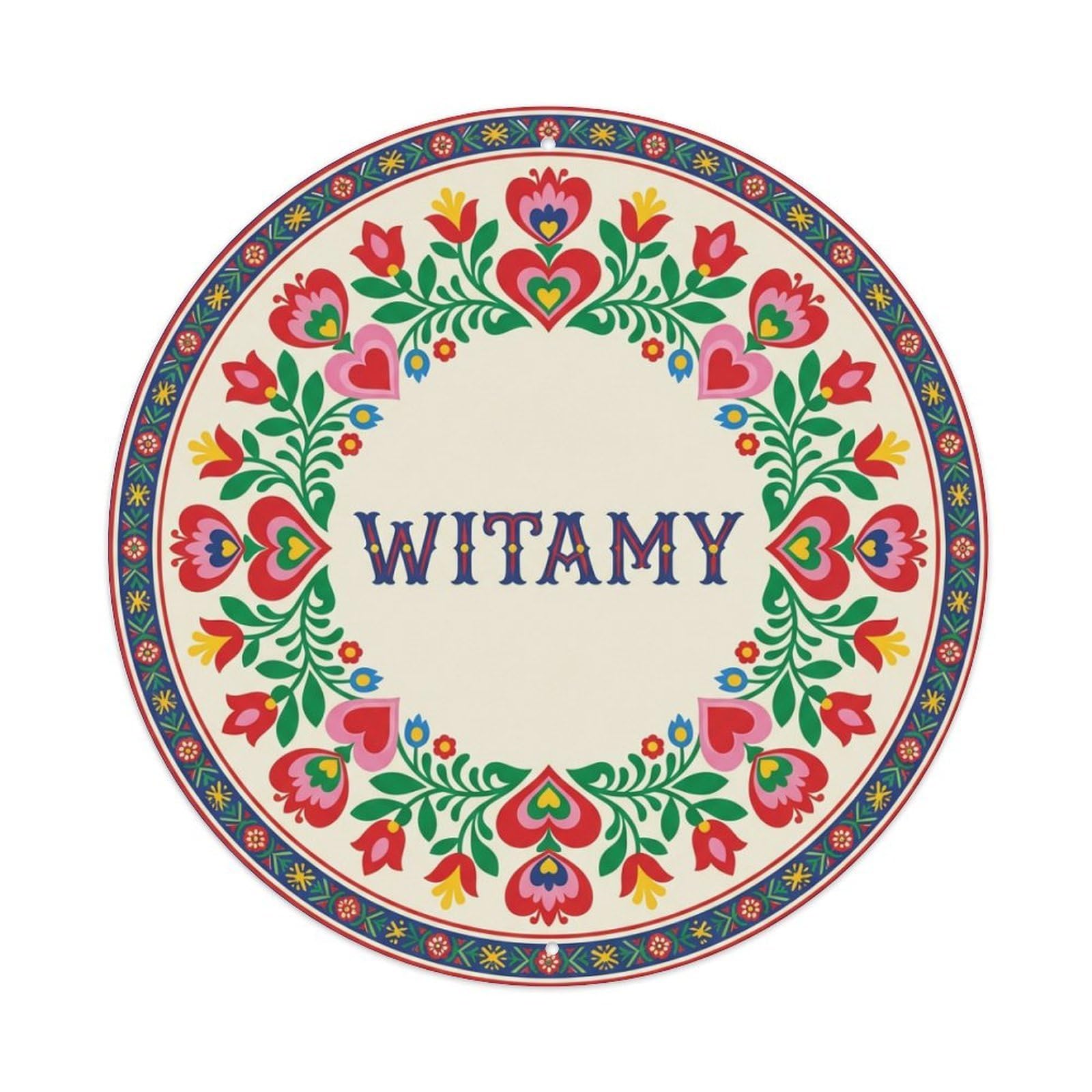 Fyrn Style Metal Tin Sign Vintage Polish Folk Art Witamy Welcome Heart Wreath