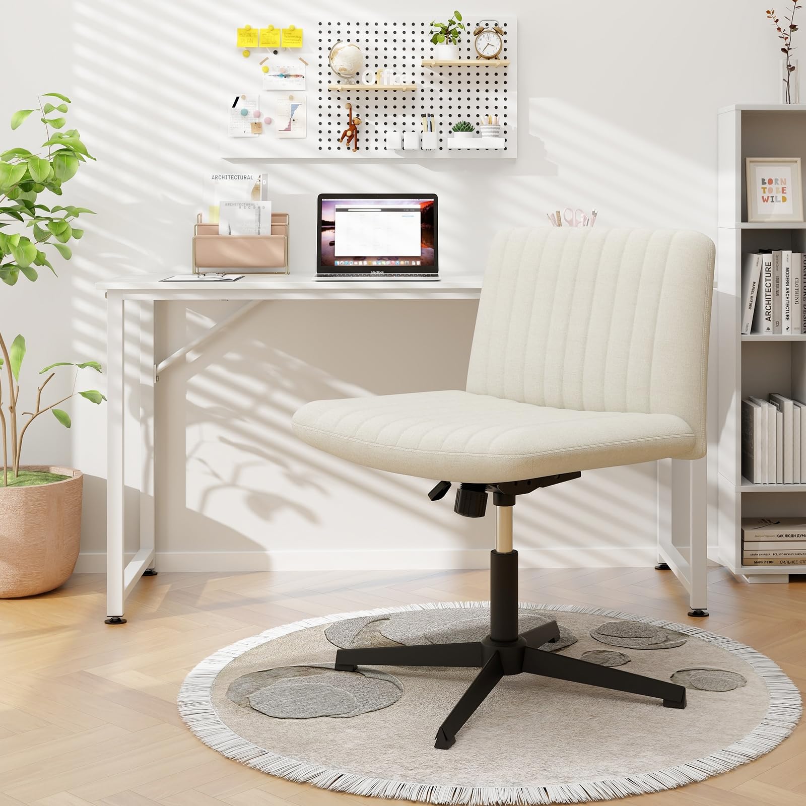 COSTWAY Silla Escritorio sin Brazos, Silla de Oficina con Tela de Lino, Mecedora 120°, Altura Ajustable, Silla Tocador con Piernas Cruzadas Estudio Dormitorio Oficina, 71 x 66 x 78-91,5 cm (Beige)