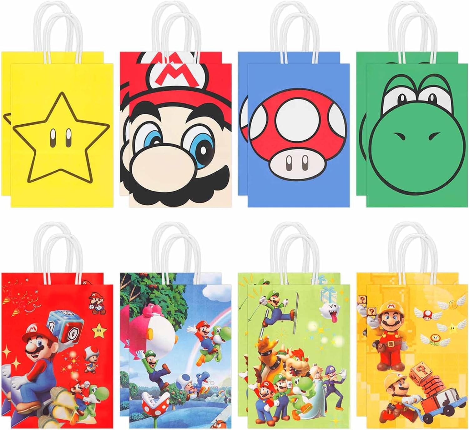 RefeNG 16 PCS Mario Bros Birthday Party Supplies Party Bags,Candy Bags for Birthday Party,Paper Tote Bags Party Favor Bags Gift Bags for Kids Birthday Party Supplies Decorations