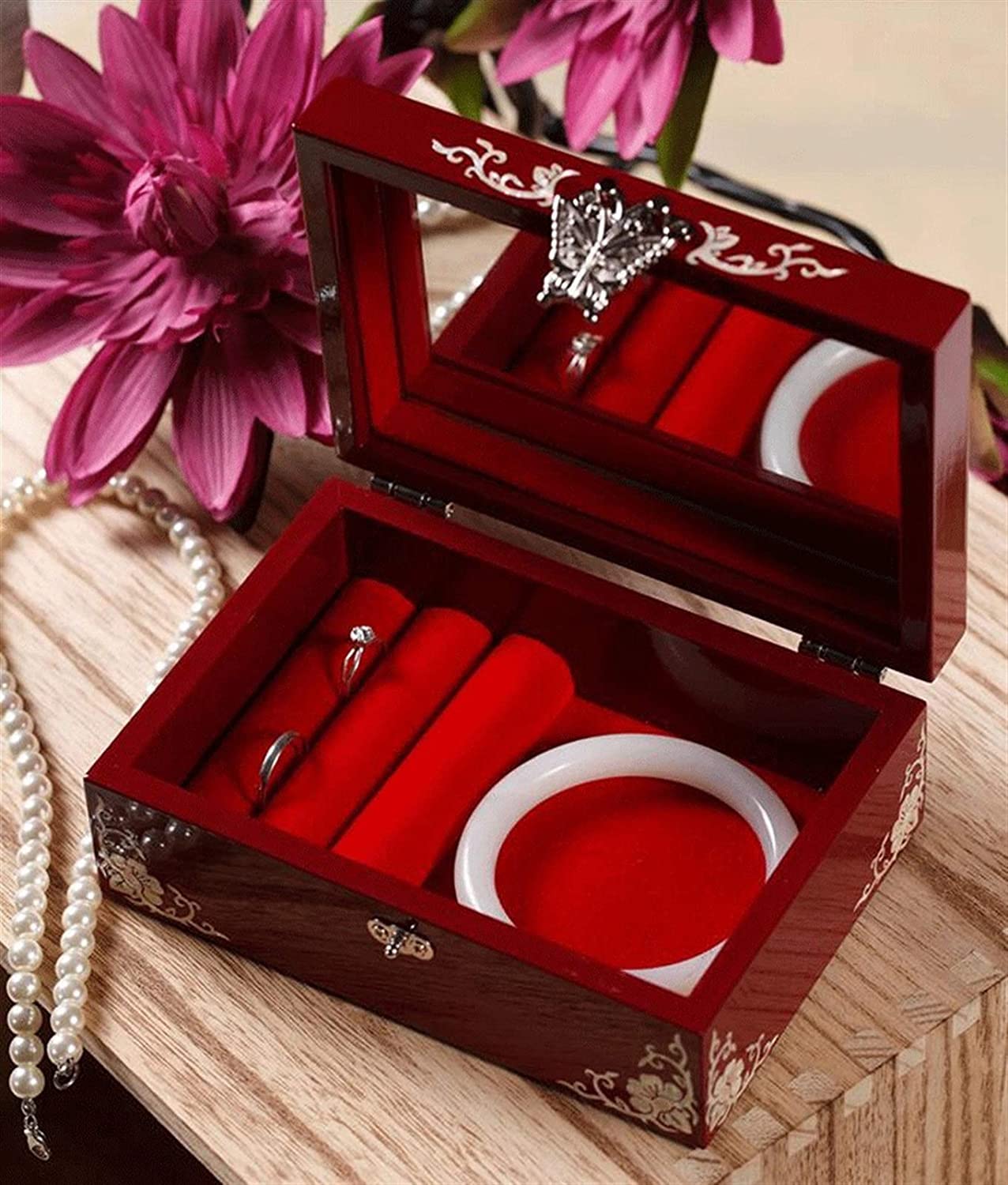 Estuche para Joyas, Expositor y Organizador de Madera Maciza para pequeños Objetos como Anillos, Pendientes y Collares (Blanco 16 x 11 x 7 cm) (Rojo 16 x 11 x 7 cm)