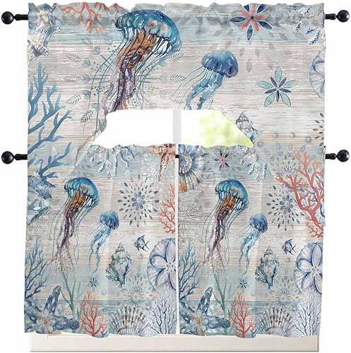 Miniatura 9 de Cortinas de cocina con cenefa de cangrejo oceánico, cenefa con bolsillo para barra, paneles de cortina para dormitorio, sala de estar, baño,