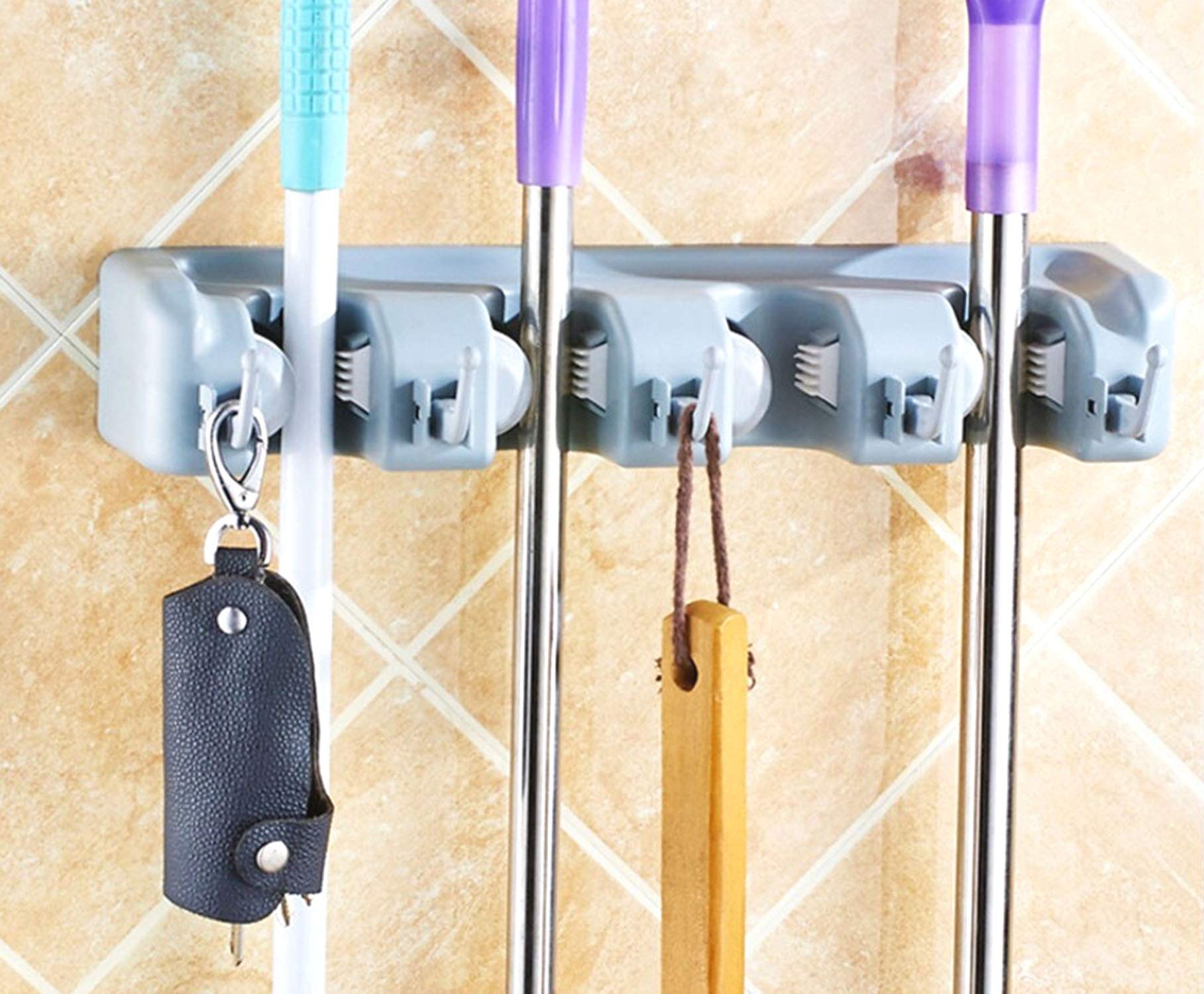 Saubhagya Global Multipurpose Wall Mounted, Effective, Strong Holding 4 Slot Broom, Mop Holder, Good Organizer for Kitchen, Bathroom, Garden, Garage