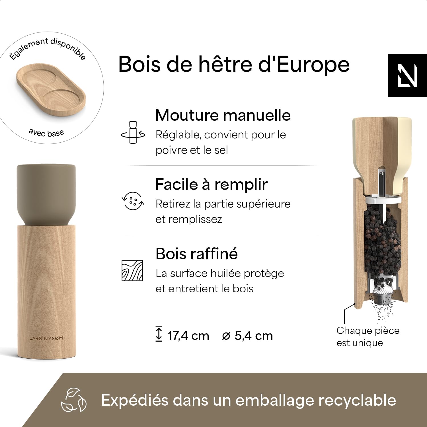 LARS NYSØM Moulin à Sel et Poivre en Bois Manuel - Ensemble de Moulins à Épices avec Broyeur Céramique Réglable - Moulins à Sel et Poivre en Bois de Hêtre pour Cuisine ou Table