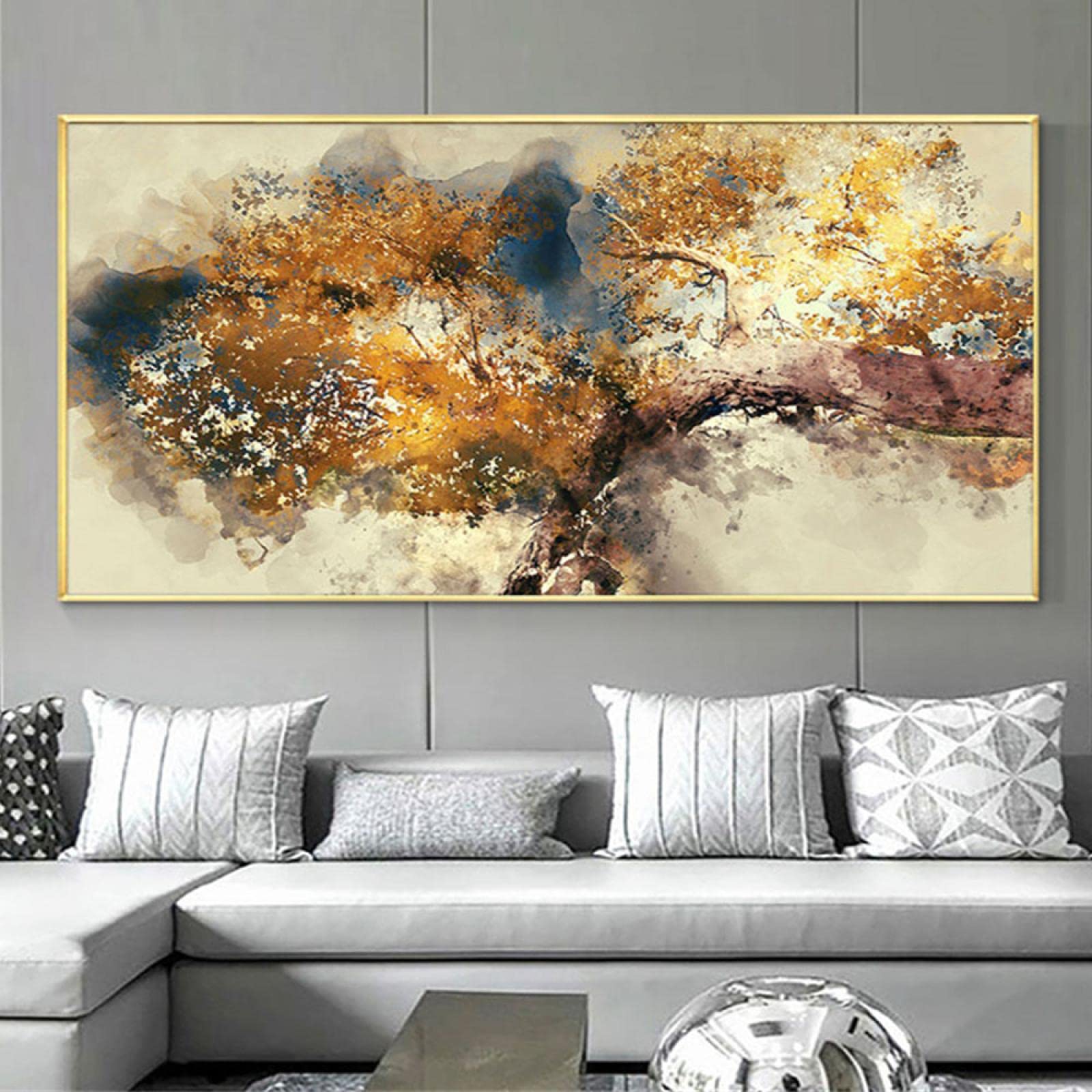 HOLEILUCK Großes abstraktes Ölgemälde auf Leinwand, goldbraun, Ast, 80 x 165 cm, mit Rahmen