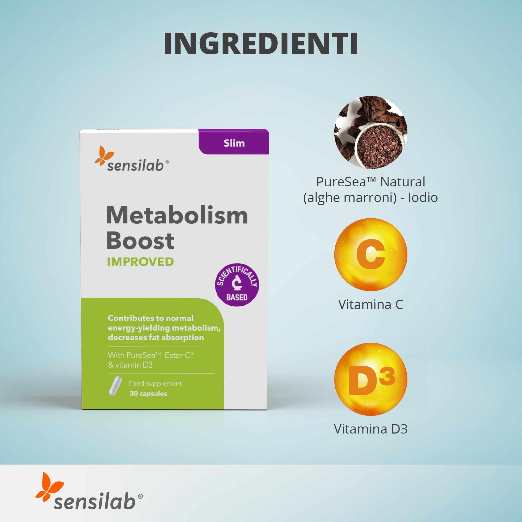 Acceleratore Metabolismo con Iodio, Vitamina C, Alga bruna, Vitamina D3-60 capsule Metabolism Boost Improved - Sensilab