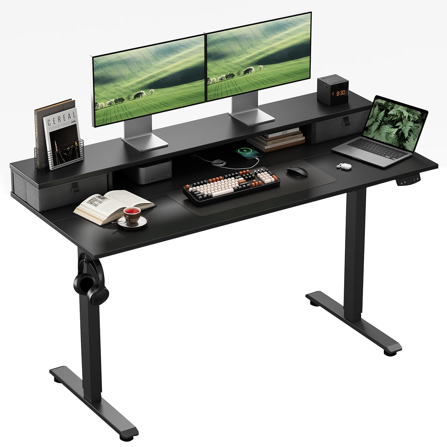 Klicelor Height-Adjustable Desk with Double Drawers, Electric Height-Adjustable Desk, Sit-Stand Computer Desk, Ergonomic Standing Desk, 140 x 60 cm, Black