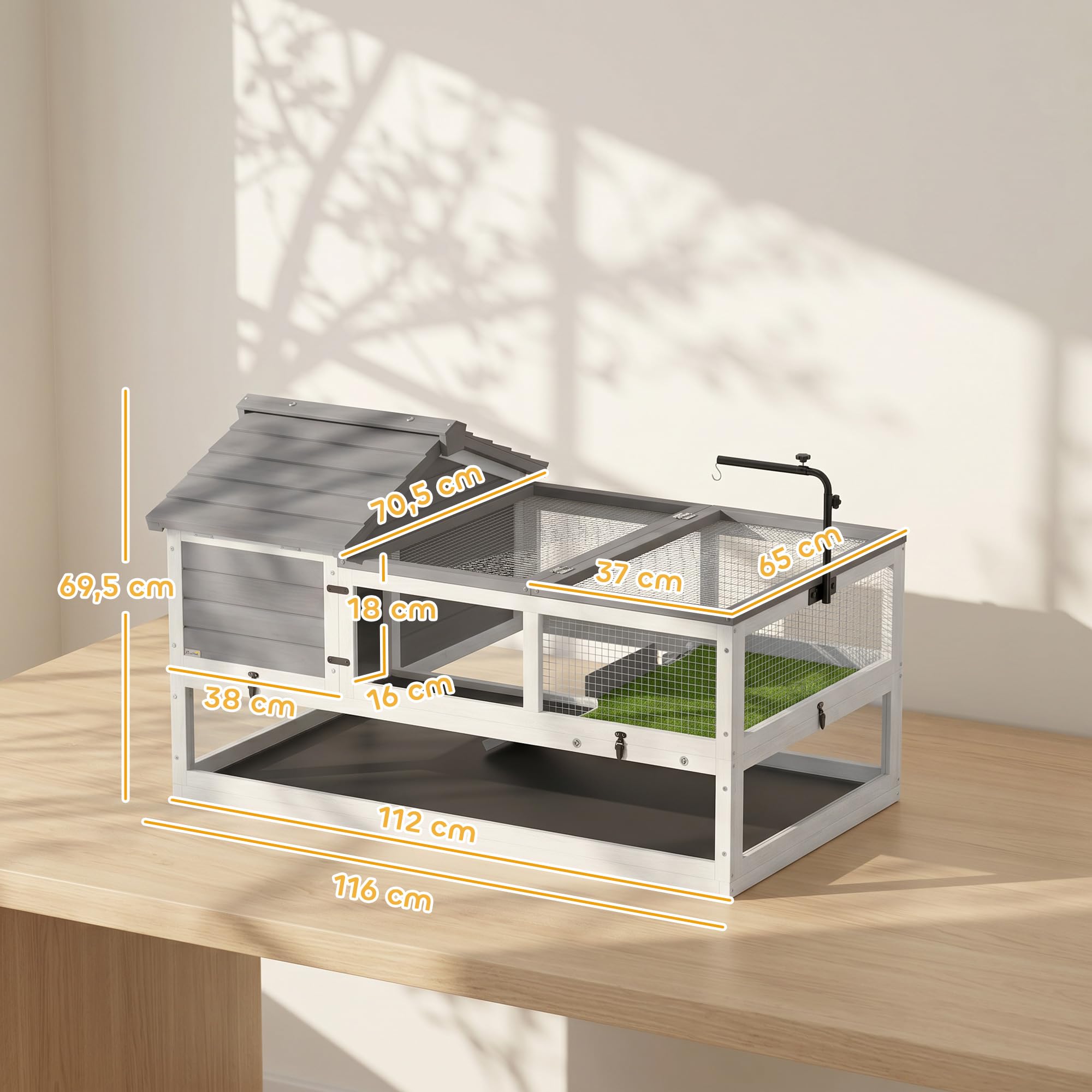 PawHut Drewniane terrarium zewnętrzne dla żółwia 116x70,5x69,5 cm Szary | Wybieg dla żółwia, dwa główne domy, uchylna góra, uchwyt na lampę, klatka dla gadów, dla żółwi i gadów