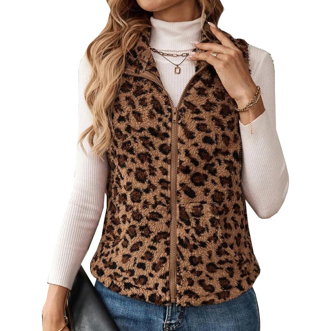 Womens Fleece Vest Leopard Print Sleeveless Zip Up Lightweight Sherpa Vest Fall Winter Coats
