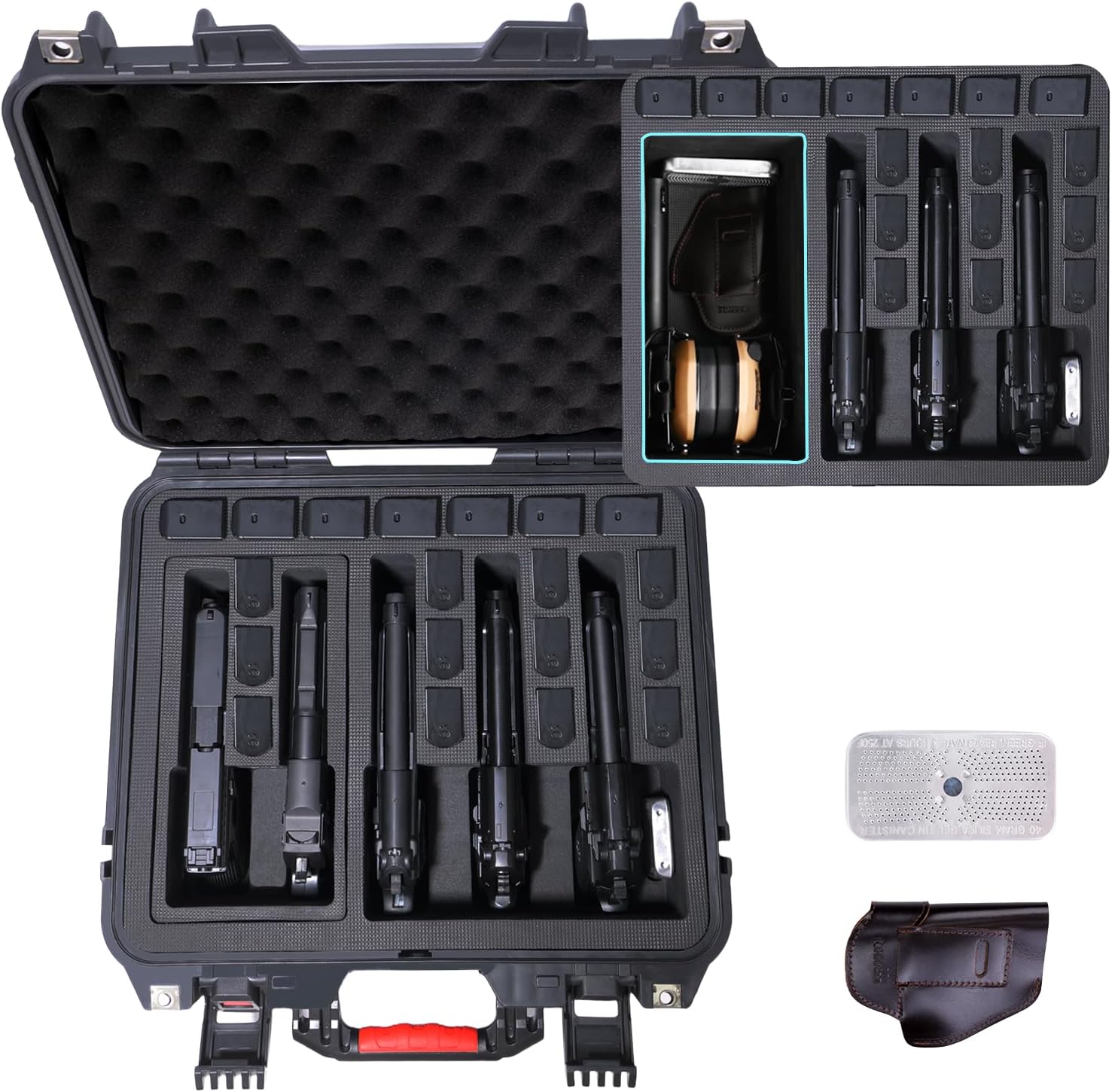 Hard shell protective storage case, capable of holding multiple handguns, pre-cut heavy-duty waterproof and dustproof hard shell design, includes silicone canisters and gun holsters, black.