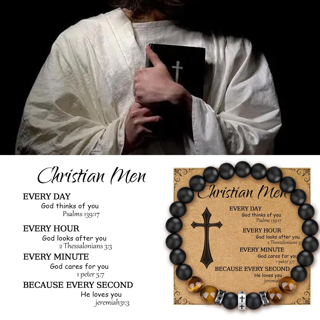 Pulsera cristiana con cuentas de ojo de tigre de 0.315 in Pulsera de cuentas de cruz negra Regalo de joyería para hombres religiosos, Talla única, Piedra, No es una piedra preciosa 2