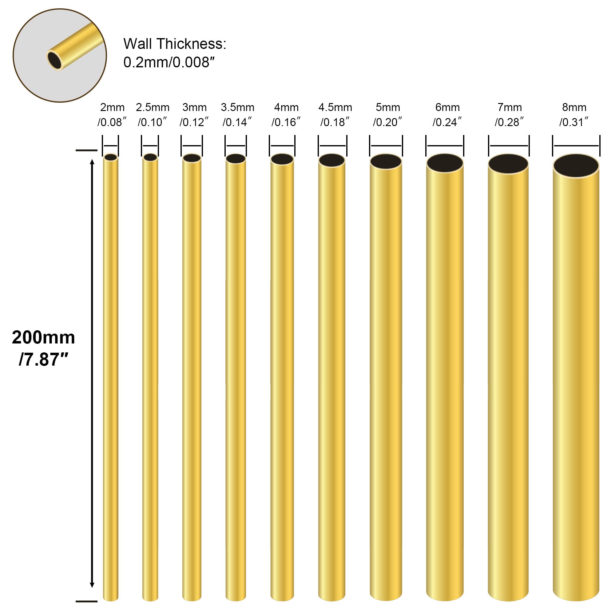Lot de 10 tubes en laiton ronds sans couture pour loisirs créatifs - 2 mm, 2,5 mm, 3 mm, 3,5 mm, 4 mm, 5 mm, 6 mm, 7 mm, 8 mm de diamètre extérieur x 0,2 mm d'épaisseur de paroi x 200 mm de