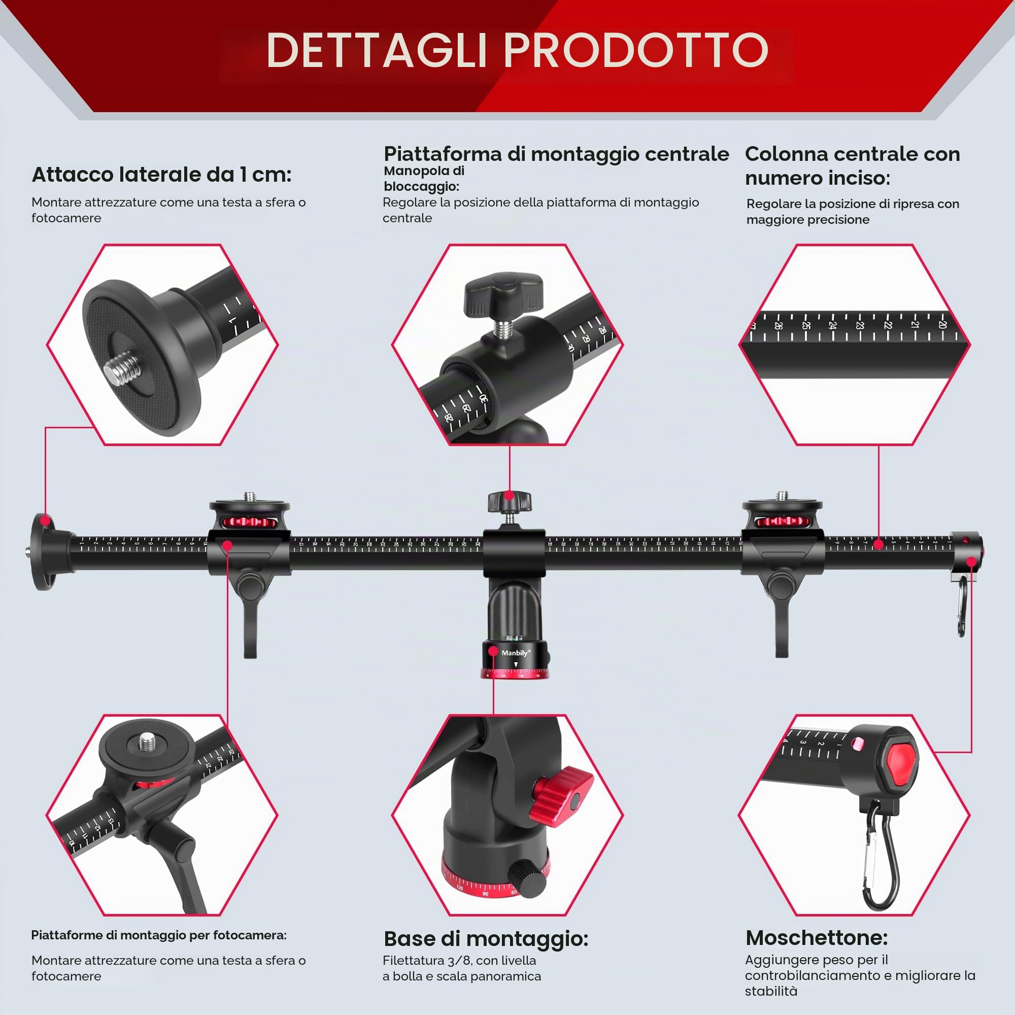 Manbily Braccio di estensione per treppiede, colonna centrale orizzontale da 70,1 cm, barra per accessori per treppiedi in alluminio a tre montaggi, braccio girevole a 360 ° per riprese in testa per