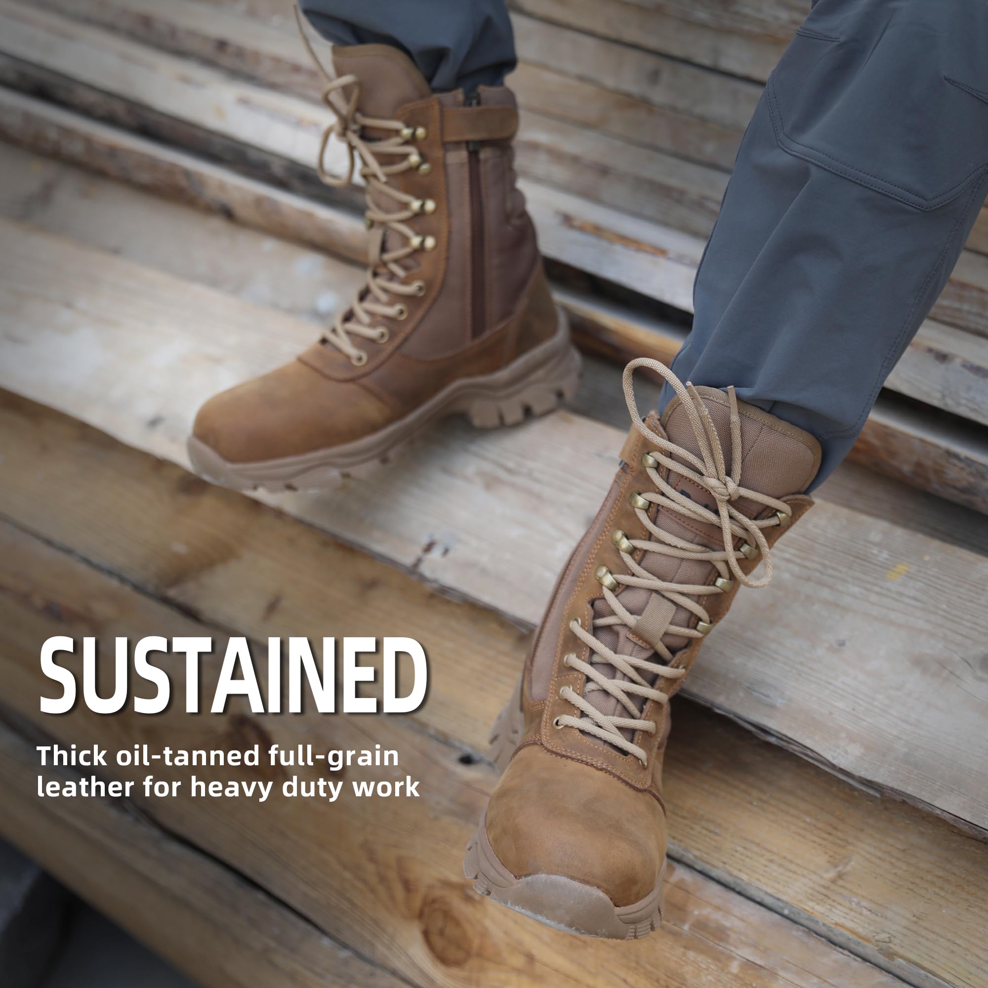 Men's Steel Toe Work Boots with Side Zipper 8 inch Lightweight Comfortable Indestructible Puncture Proof for Industrial Construction Warehouse Roofing Logger Riding Safety