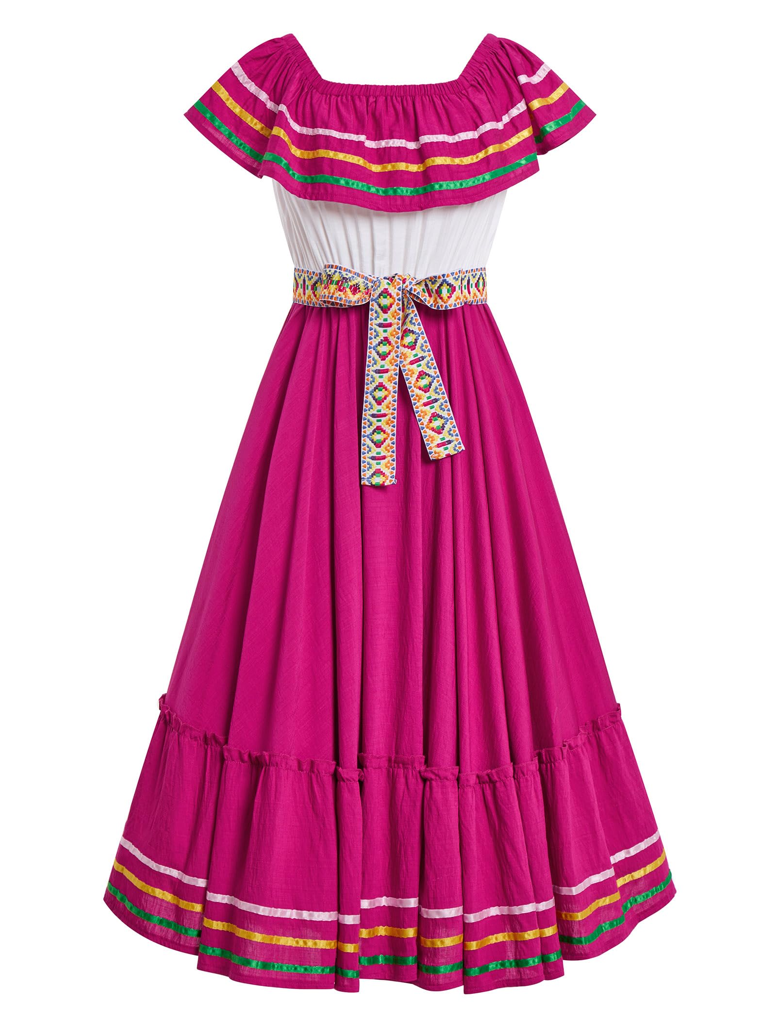 Womens Cinco De Mayo Fiesta Mexican Traditional Folk Ruffle Drape Dress with Belt