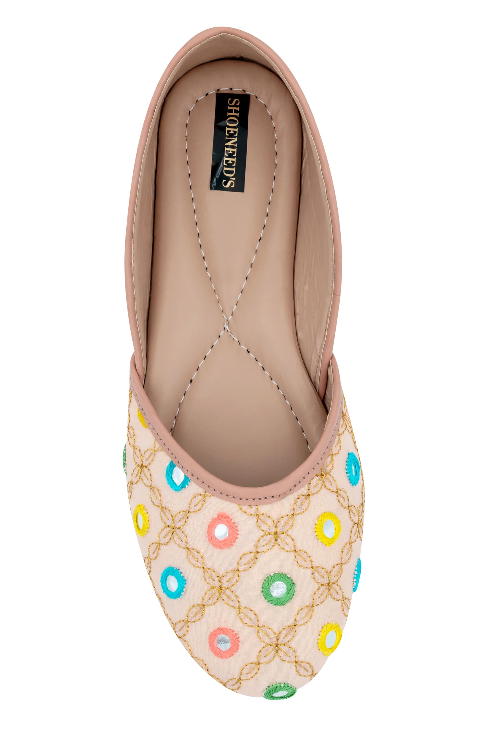 Women's Mirror Work Mojaris | Peach Multicolour Ethnic Flats with Elegant Traditional Detailing - 2580-image-38
