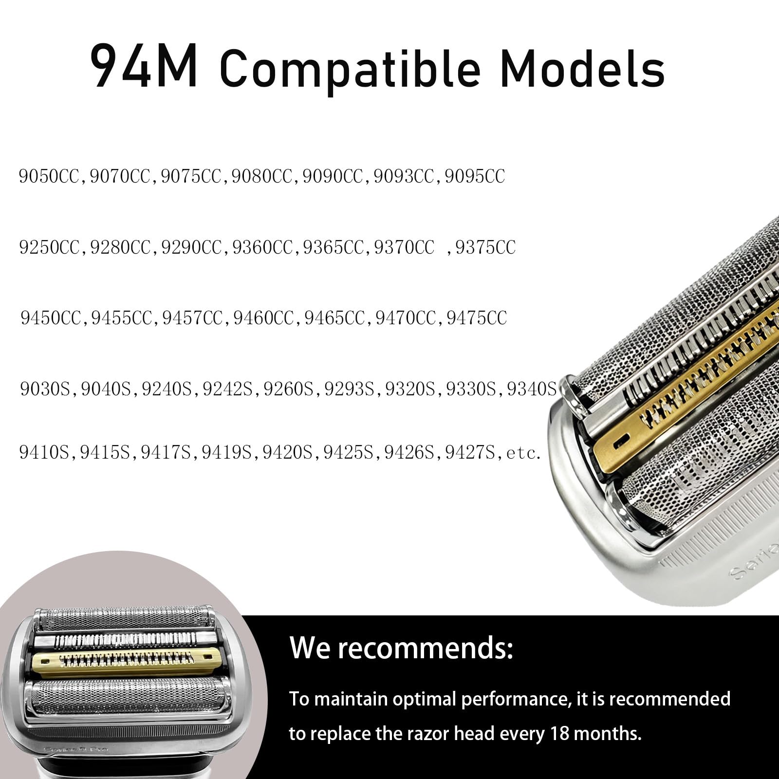 94M Ersatzköpfe für Braun Series 9,Scherkopf Kompatibel mit S9 PRO Rasier 9517s,9527s,9525s,9515s usw,S9 Scherkopf Ersatzklingen Folienkopf Zubehörund Körperpflege von Männern(Silber)