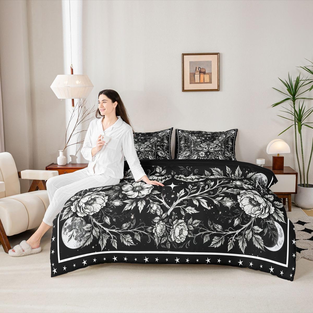 Erosebridal Goth Queen Comforter Set with Sheets | Dead Moth 7-Piece Bedding Set Vintage Rustic Floral Bed in a Bag, Galaxy Aesthetic Animal Bed Sets Black Gothic Decor