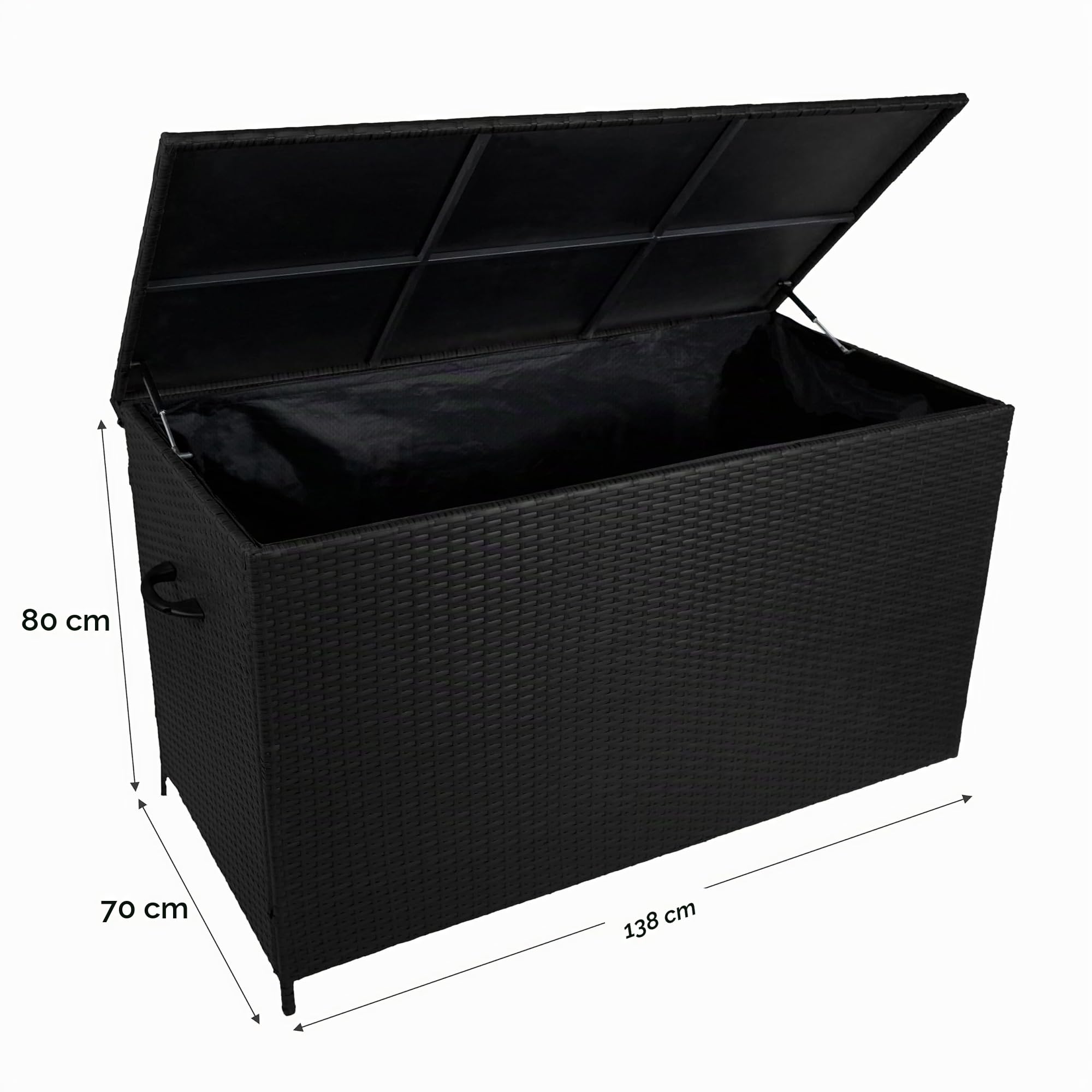 Set da Giardino in Alluminio Bianco con Cassapanca in Rattan Nera – Divano Angolare 7 Posti Tavolo da Pranzo 2 Sgabelli Cuscini Baule 582L con Coperchio a Gas Copertura Impermeabile e Borsa
