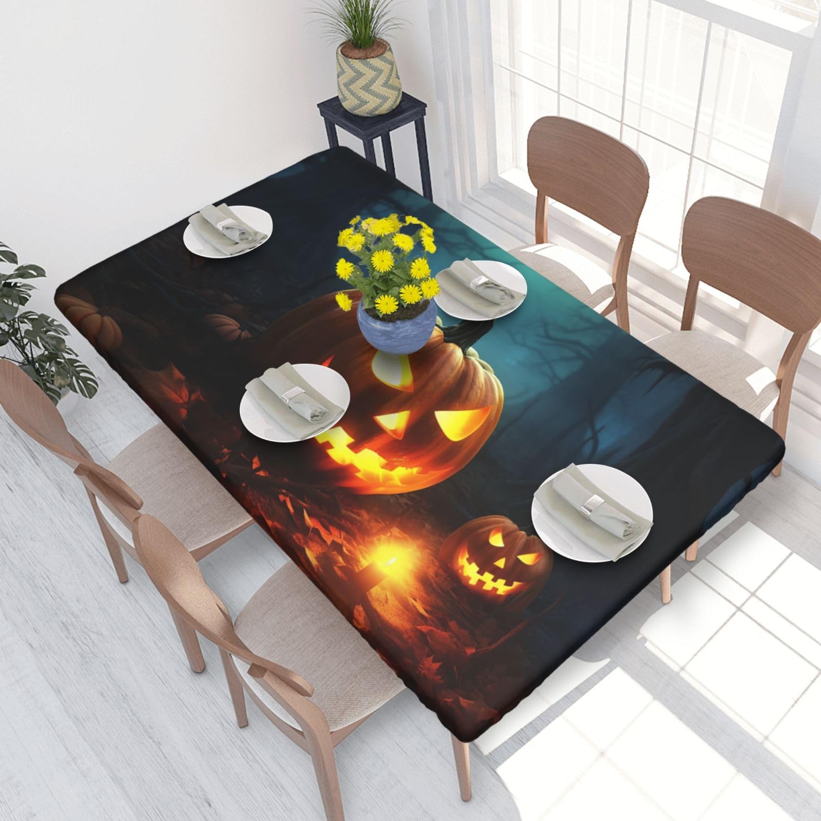 Happy Halloween Pumpkins Waterproof Square Table Cover Elastic Fitted Tablecloth Oil Proof Table Protector For 4ft Table