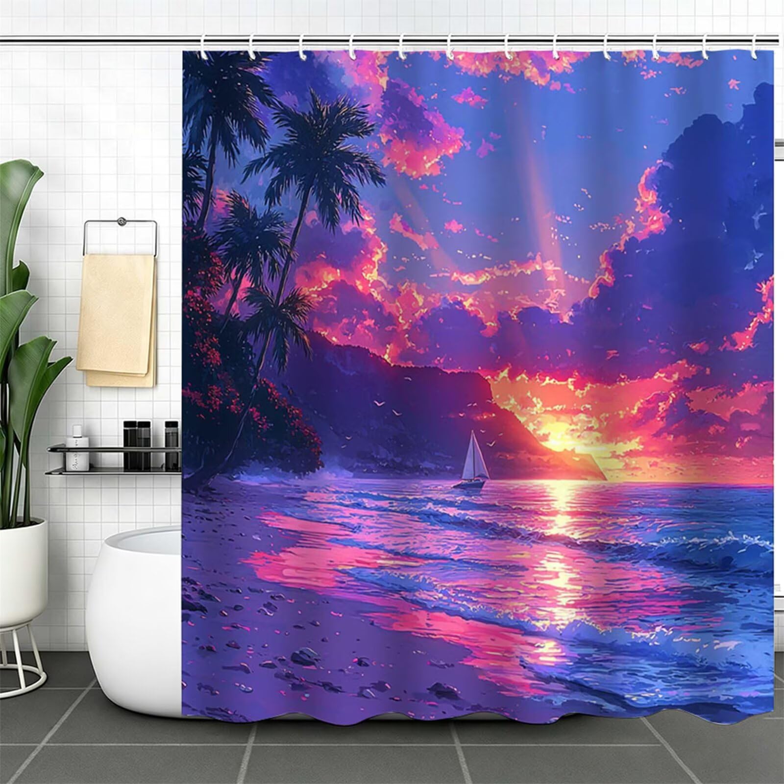 viola chiaro Tenda Doccia 200x200cm, Tenda per Doccia Tessuto Poliestere Impermeabile Asciugatura Rapida con 12 Anelli, Tende Finestra Bagno e Vasca Pieghevole Shower Curtain Vista mare J-642