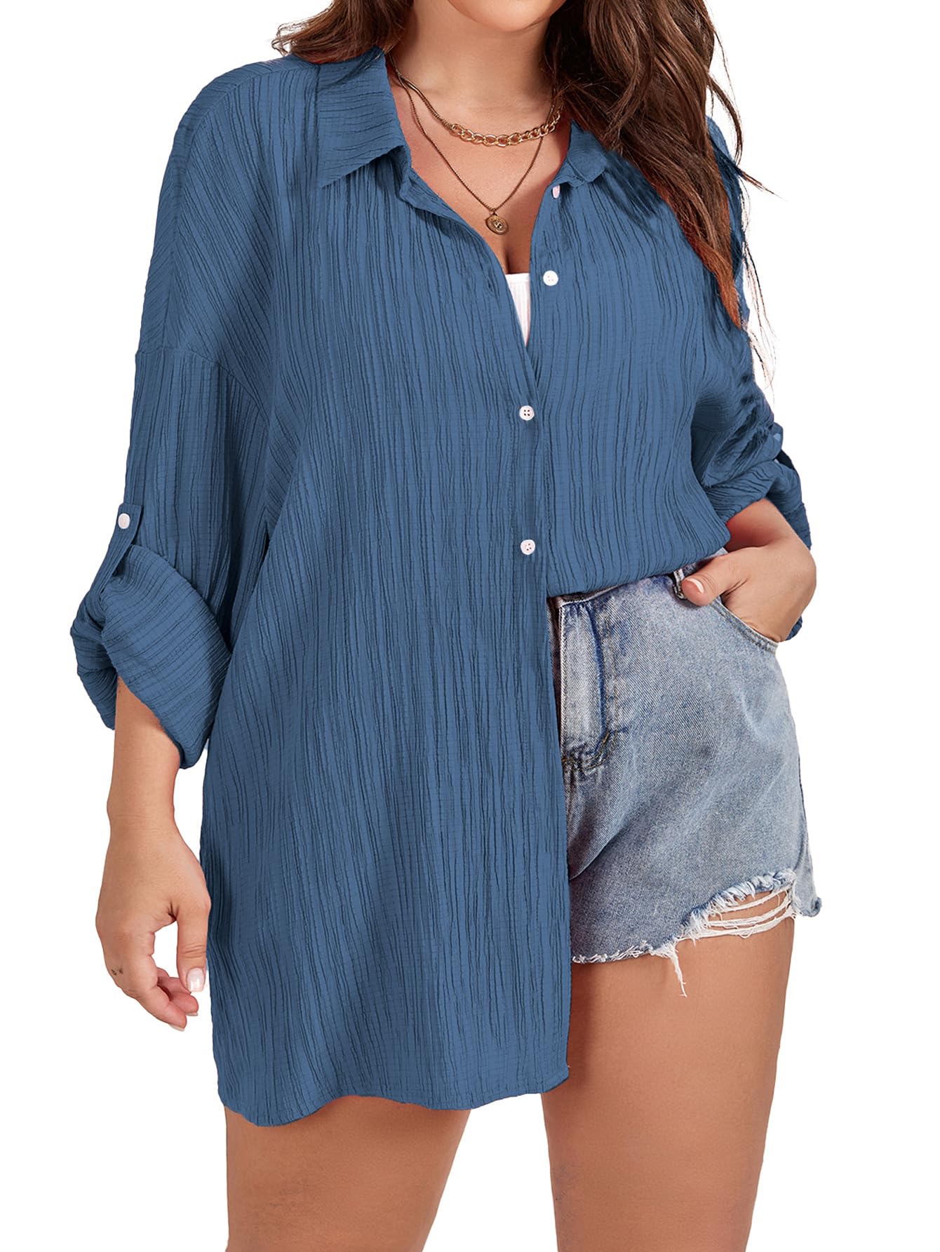 SCOMCHIC Women Plus Size Button Down Shirts Long Roll Up Sleeve V Neck Collared Casual Blouses Oversized Shirt Tops