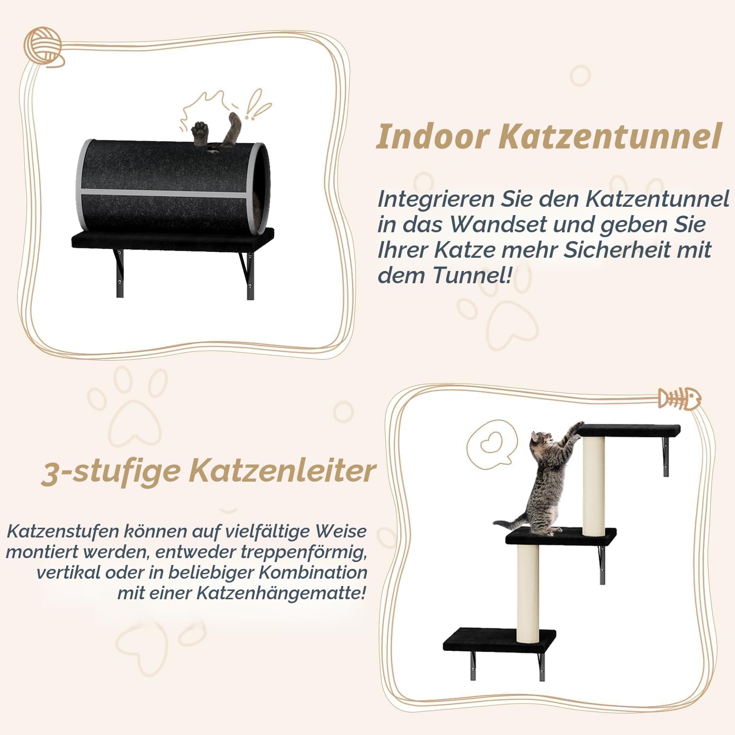 Kletterwand Katzen Set - 7-teilig, Stabiler Holzkletterer für Katzen, Wandpark mit Katzenhaus, Brücke, Tunnel, Baum, Treppe & Kratzbrett bis 10 kg (Schwarz)