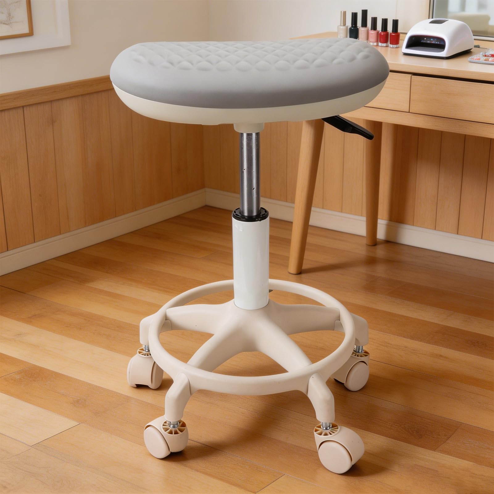 Luocute Höhenverstellbarer Rollhocker mit Fußstütze, um 360 Grad Drehbarer Salonhocker mit 5 Glatten Rollen und Wasserdichtem PU-Leder für Maniküre, Pediküre und Nagelstudio