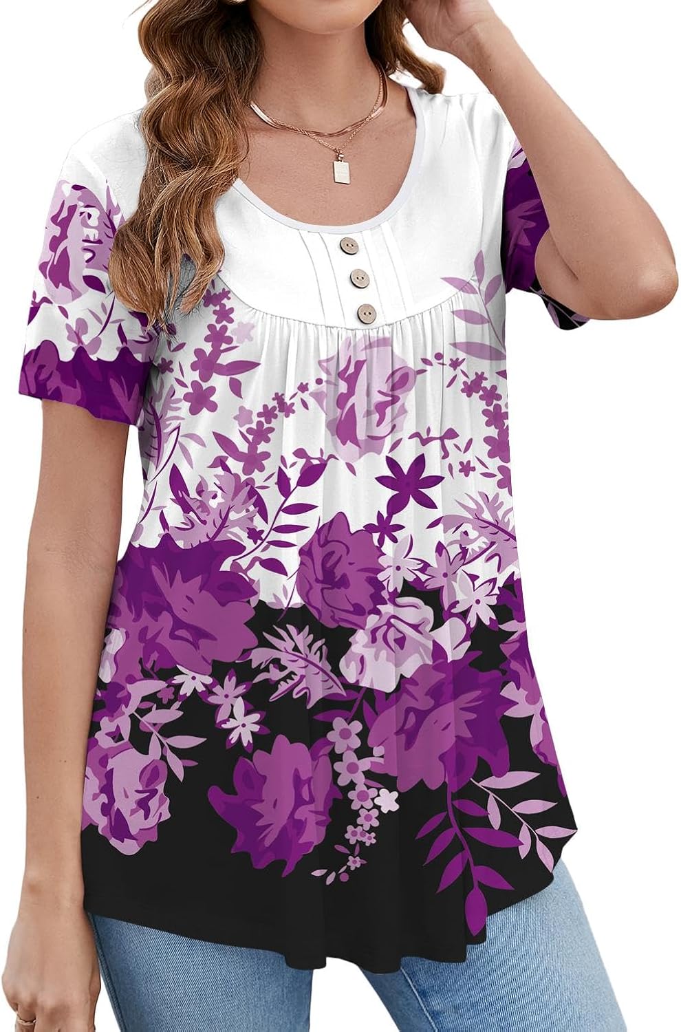 BeadChica Women's Tunic Tops For Leggings Short Sleeve Shirts Botton Up Casual Ruched Blouses Clothing Floral-M - Image 3