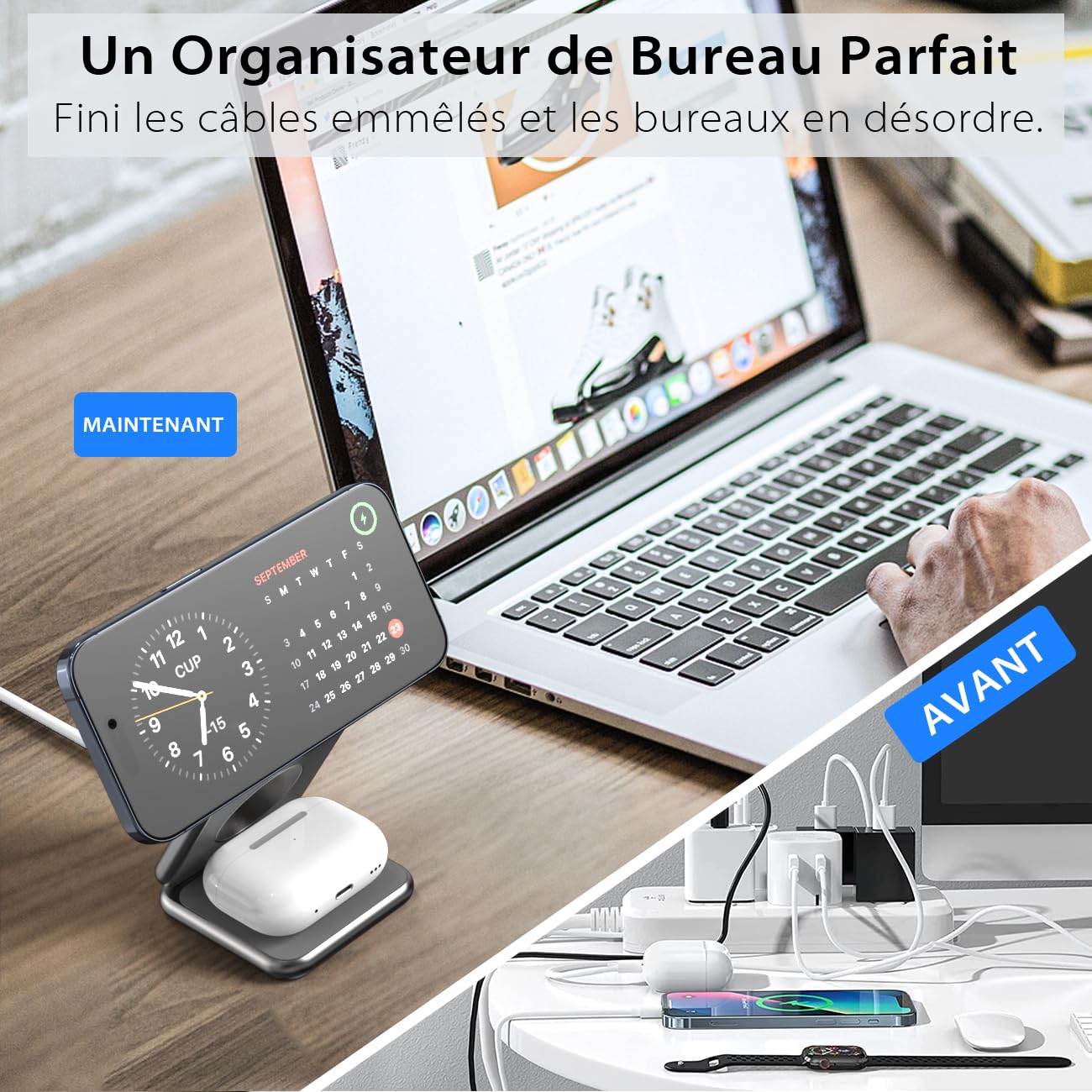 KU XIU X40 Station de Charge 3-en-1, Chargeur Induction Pliable pour iPhone 17–12 / Air, 5W pour iWatch Séries 4–11 / SE/Ultra et Écouteurs sans Fil 2/3/4 / Pro – Gris, Boîtier en Aluminium
