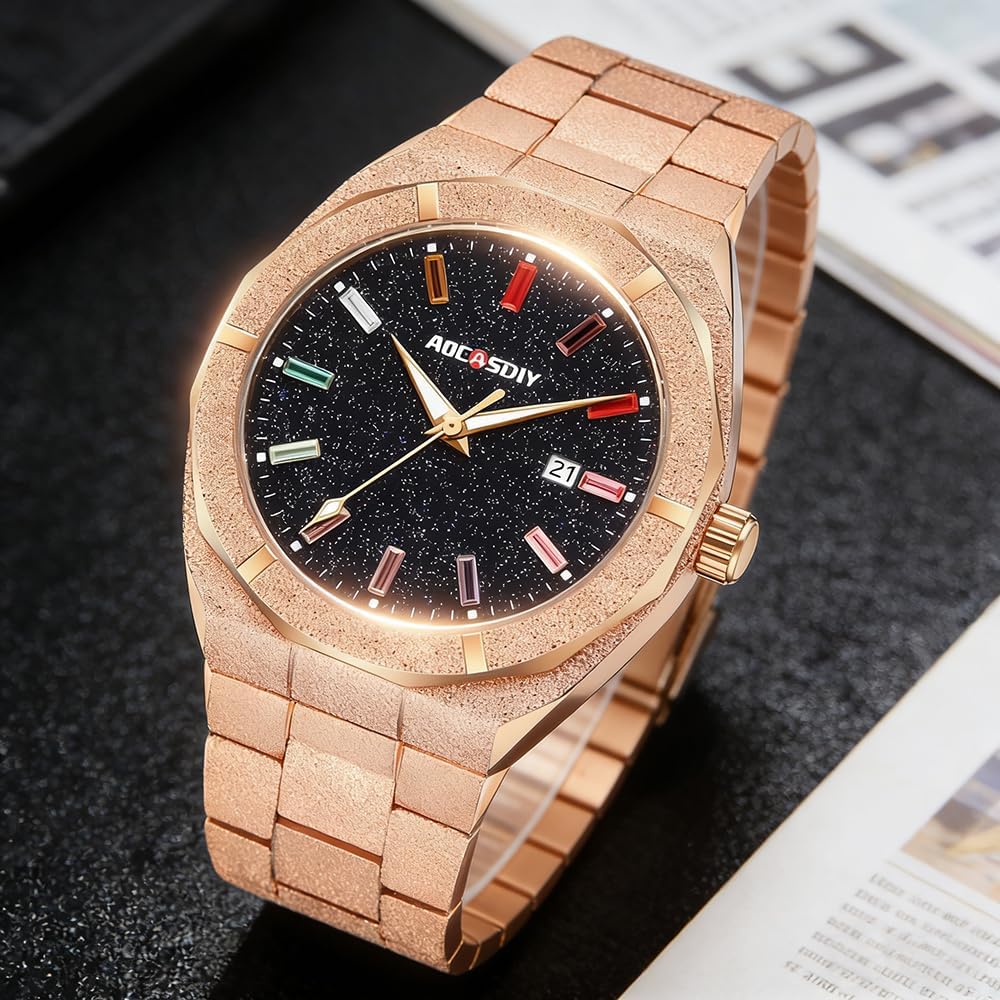 Mens Analog Watch with Frosted Diamond-Like Finish Quartz Wristwatch Waterproof Steel Strap Date (Rose Gold)
