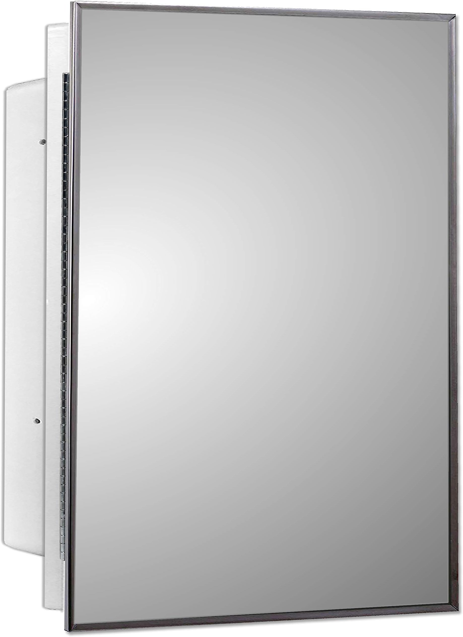 Mirrors and More White Recessed Medicine Cabinet with Mirror Door Panel with Stainless Steel Frame (16" x 22") with Non-Adjustable Shelves, Wall Mounted Bathroom Storage Cabinet