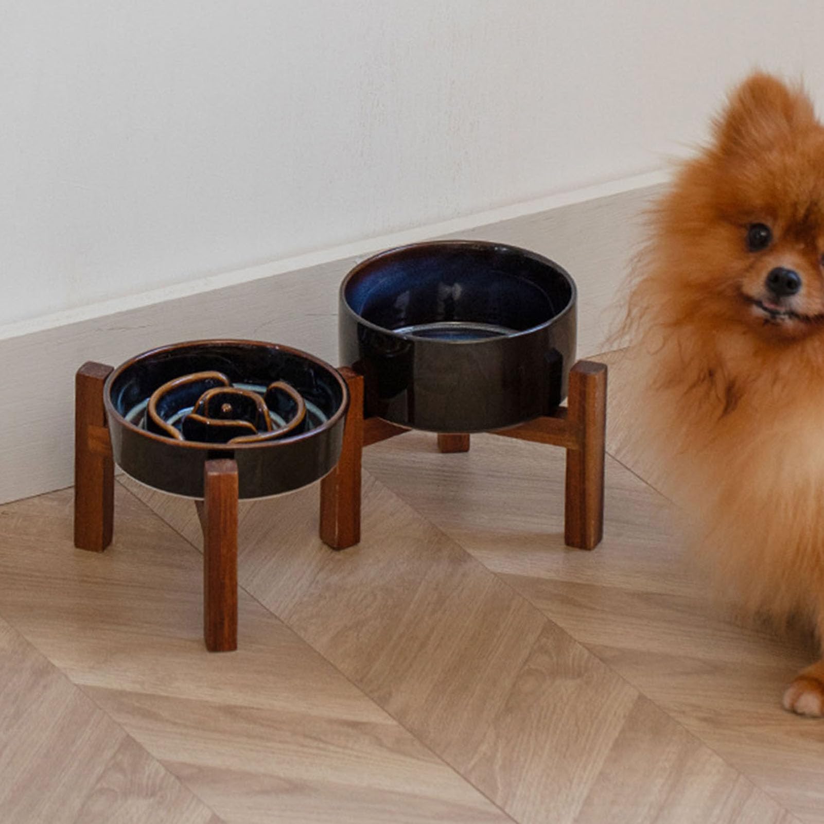 Cuenco de Cerámica para Gatos con Comedero Lento con Base de Madera Elevada, Comedero Elevado para Gatos Antideslizante y Fácil de Limpiar para Comida Seca y Húmeda (I. 1 Yen + h. AIN bul)