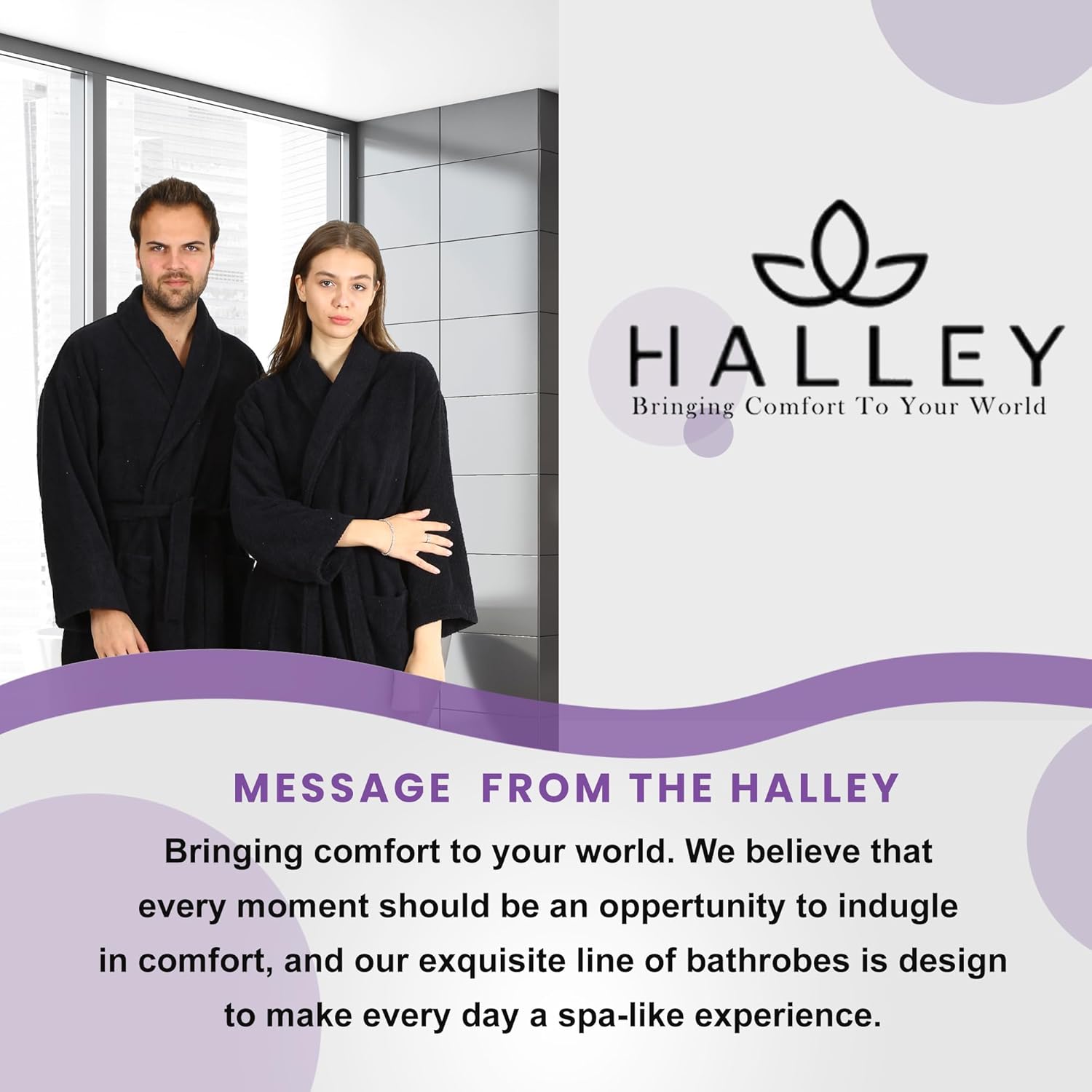 HALLEY Luxury Bathrobe for Women & Men, Shawl Collar Spa Bath Robes Terry Cotton Ultra Soft Shower Robe with Pockets