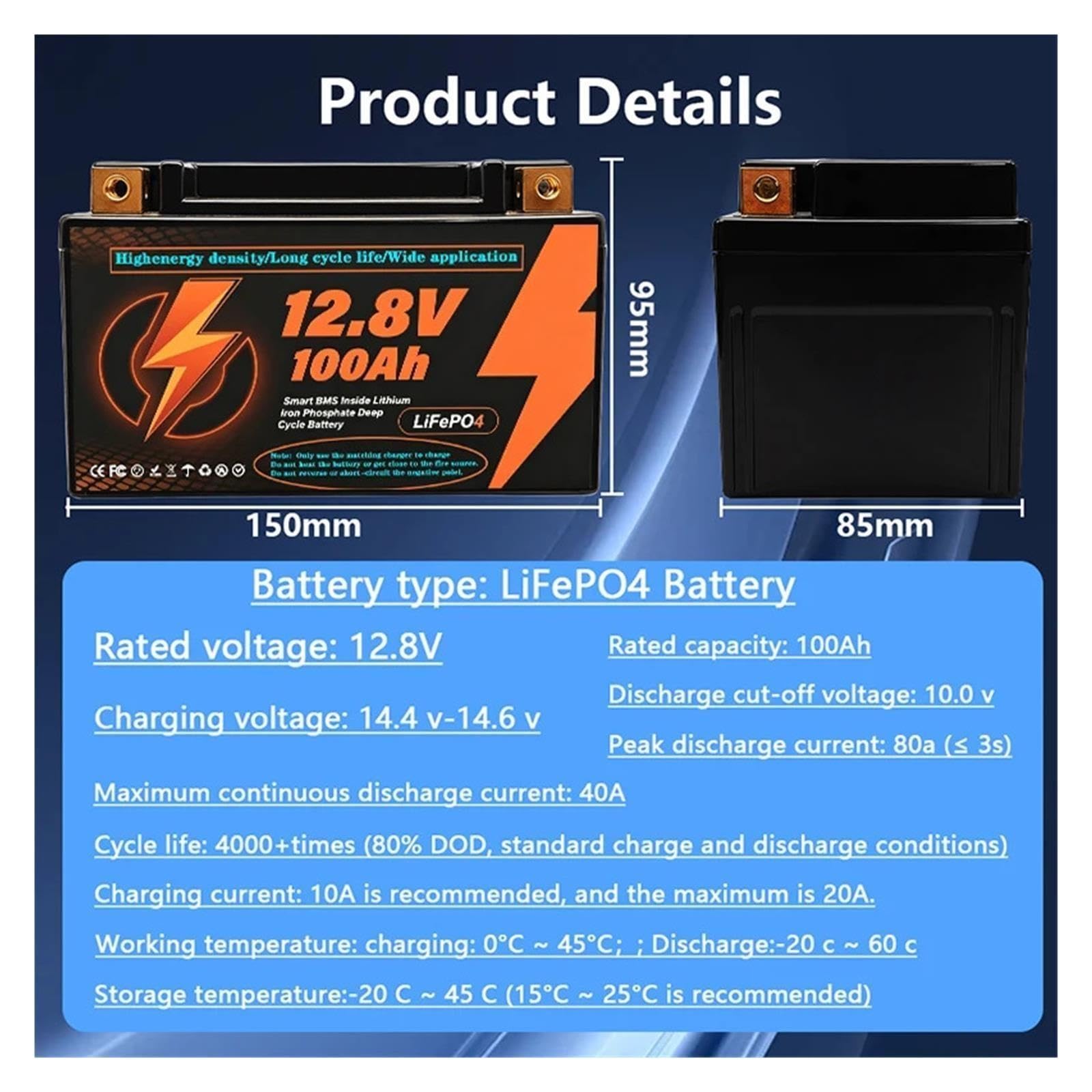 Batería De Litio 12V 100Ah LiFePO4 100A BMS 6000+Cíclica