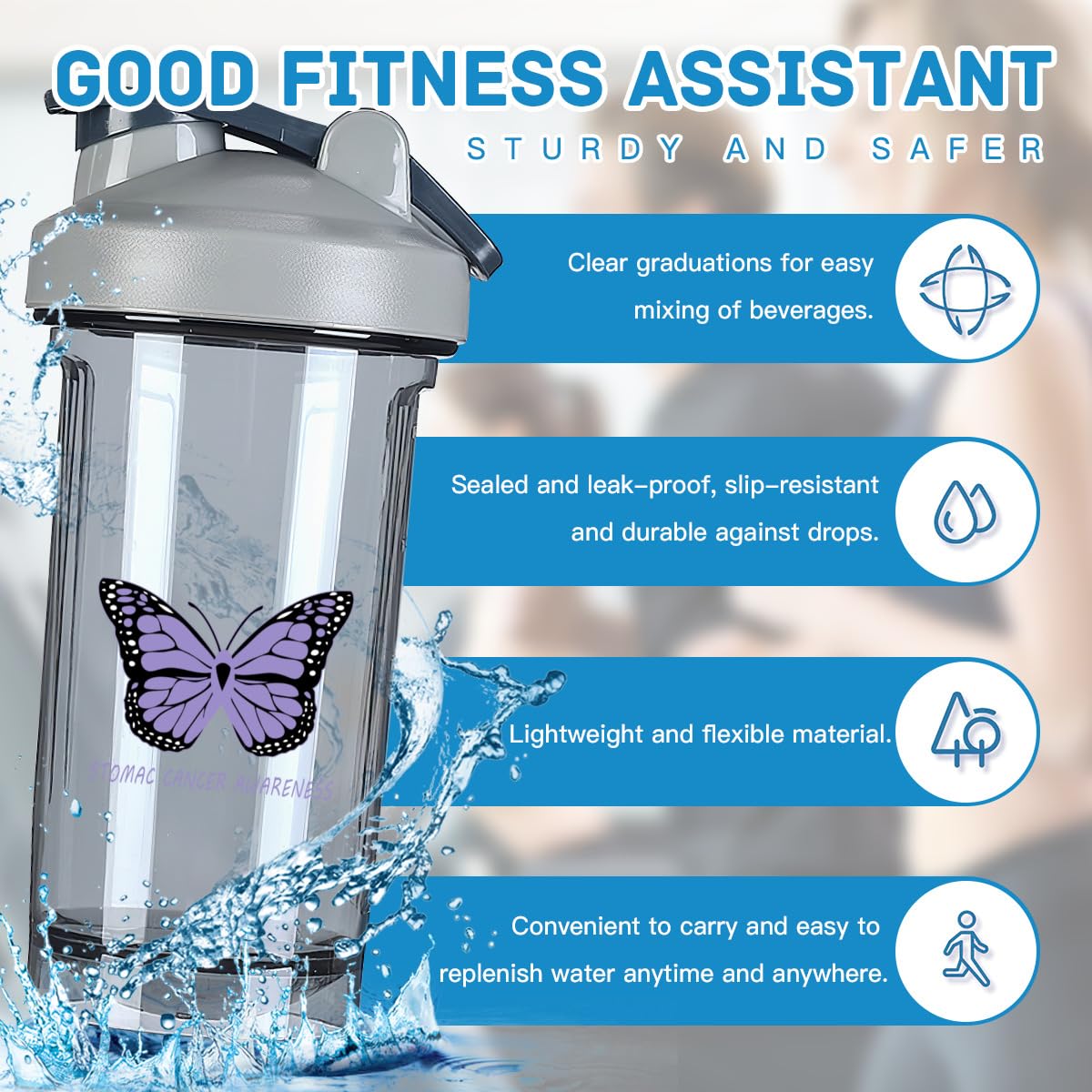 Stomac Cancer Awareness 18 Ounce Shaker Bottle Drink Mixer Leak-proof Pre Workout Protein Shakes Meal Replacement Shakes Bottles 500ML/18 Oz Gray&-1&-1
