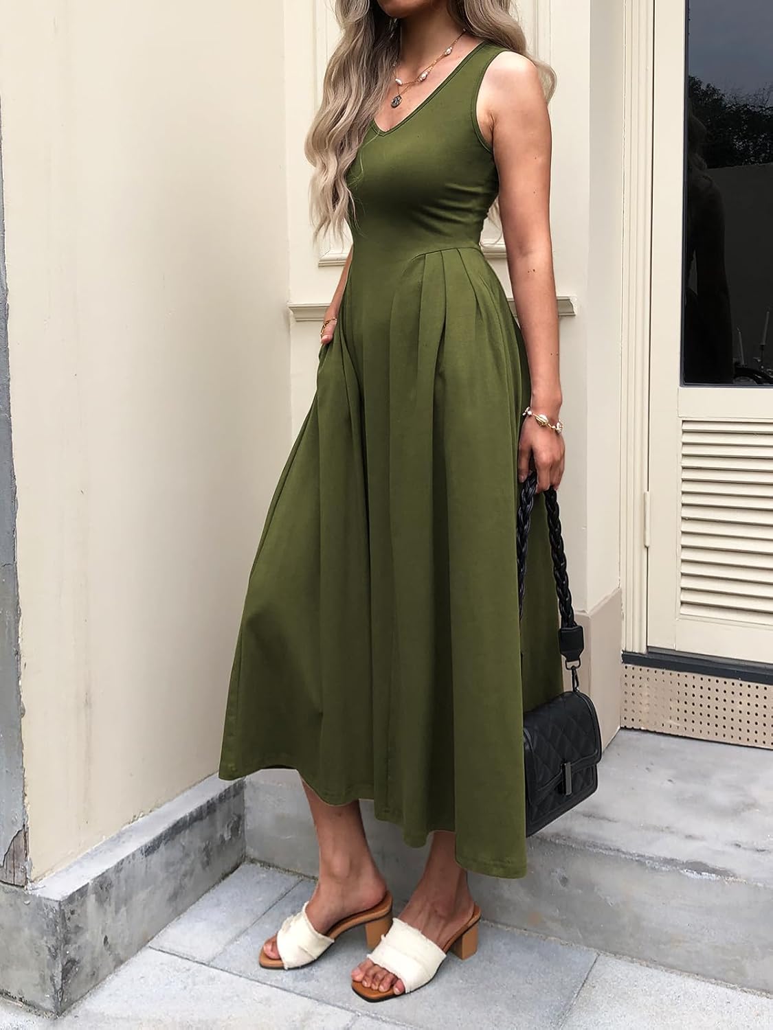 Women Summer Sleeveless Casual Dresses Pleated Waist Elegant Midi A-Line Flowy Swing Dress Sundress with Pockets - Image 3