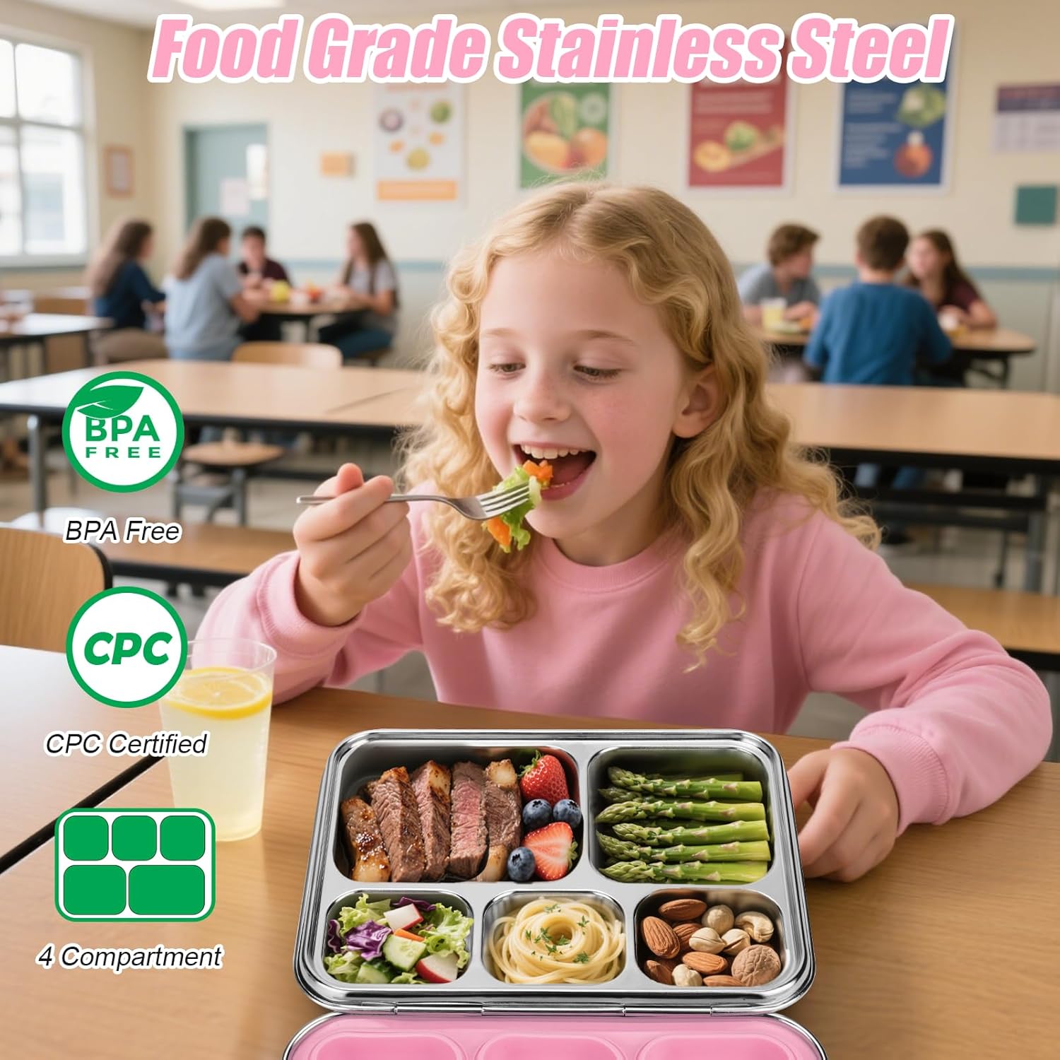 Palksky Lunch Bento Box Stainless Steel, Metal Bento Boxes for Kids Leak-Proof, 5 Compartments Lunchable Food Storage Containers with Lid for School, Office, Travel - Pink - Image 4