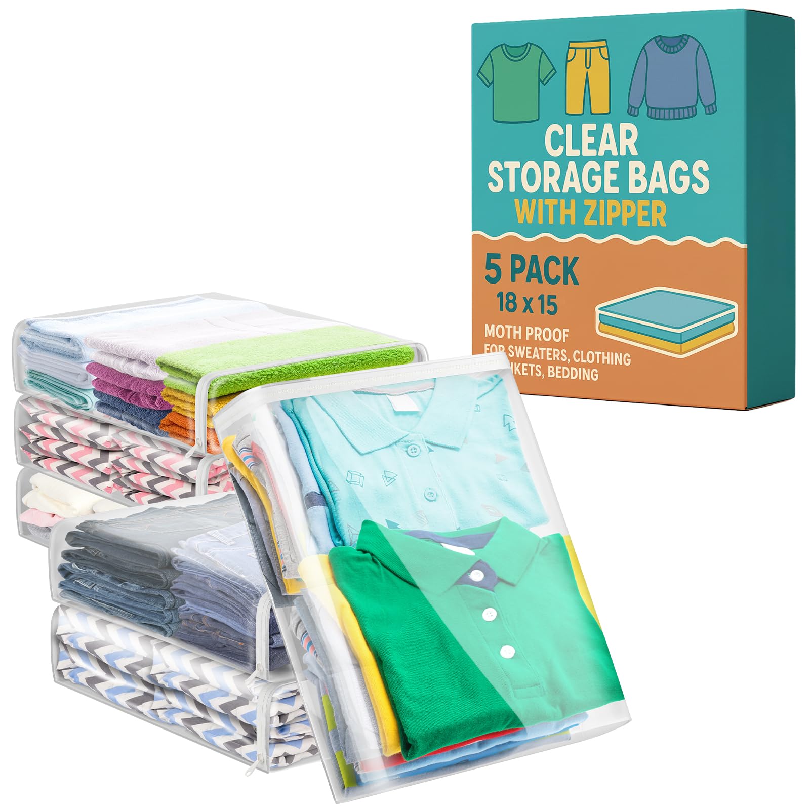 Sweater Bags Moth Proof, Clothing Storage Bags, with Zipper, Sweater Storage, Clear Zippered Organizers, Clothes, Blanket, Linen, Bedding, Quilt, Vinyl Plastic Protectors, 18x15x4”, 5 Pack.