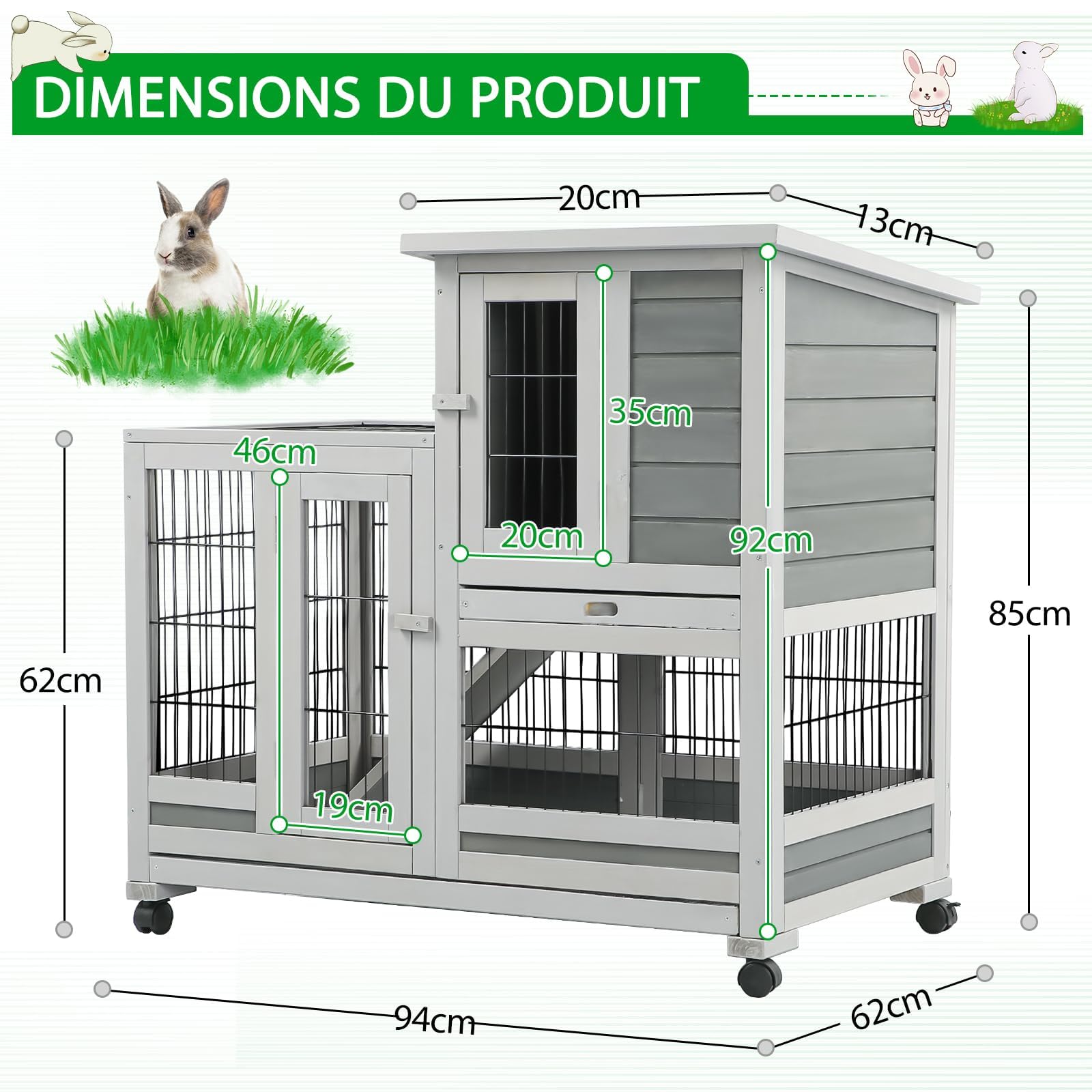 YODOLLA Clapier en Bois sur roulettes, Clapier Lapin Exterieur, clapier à Lapin intérieur, 2 Étages & 3 Portes Verrouillables & 2 Plateaux Amovibles & Maille Métallique, 94 x 62 x 85 cm, Gris
