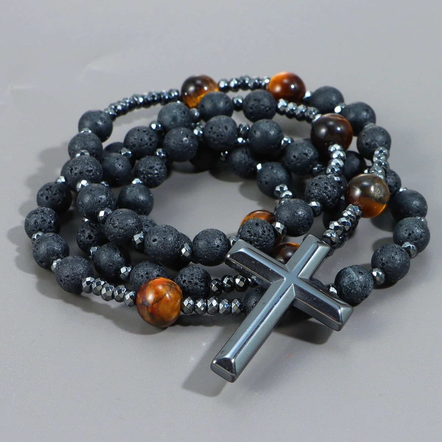 8mm Lava Rock Beads and 10mm Tiger Eye Beaded Hematite Cross Pendant Necklace Christian Sacramental Medal Ward off Evil Protection Jewelry Catholic Gift for Men Women - Image 2