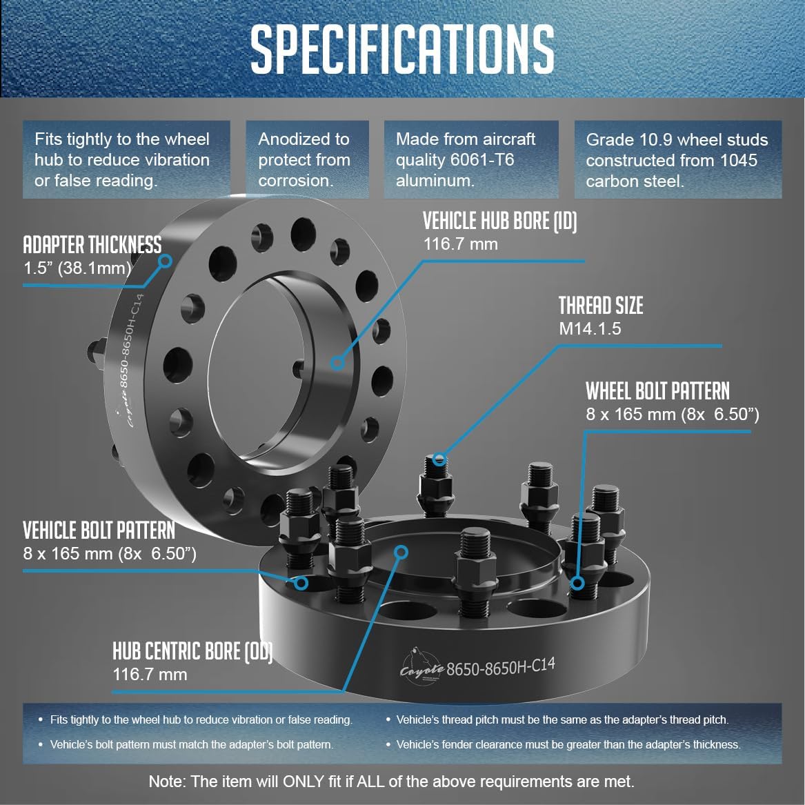 Wheel Accessories Parts 2 Pcs Hub Centric Wheel Spacers 8 on 6.50 1.50 Inch Thick 116.7mm Hub M14x1.5 14x1.5 Thread Stud Fits Chevy Silverado 2500 3500 GMC Sierra 2500 3500 SRW ｜DRW Front Only