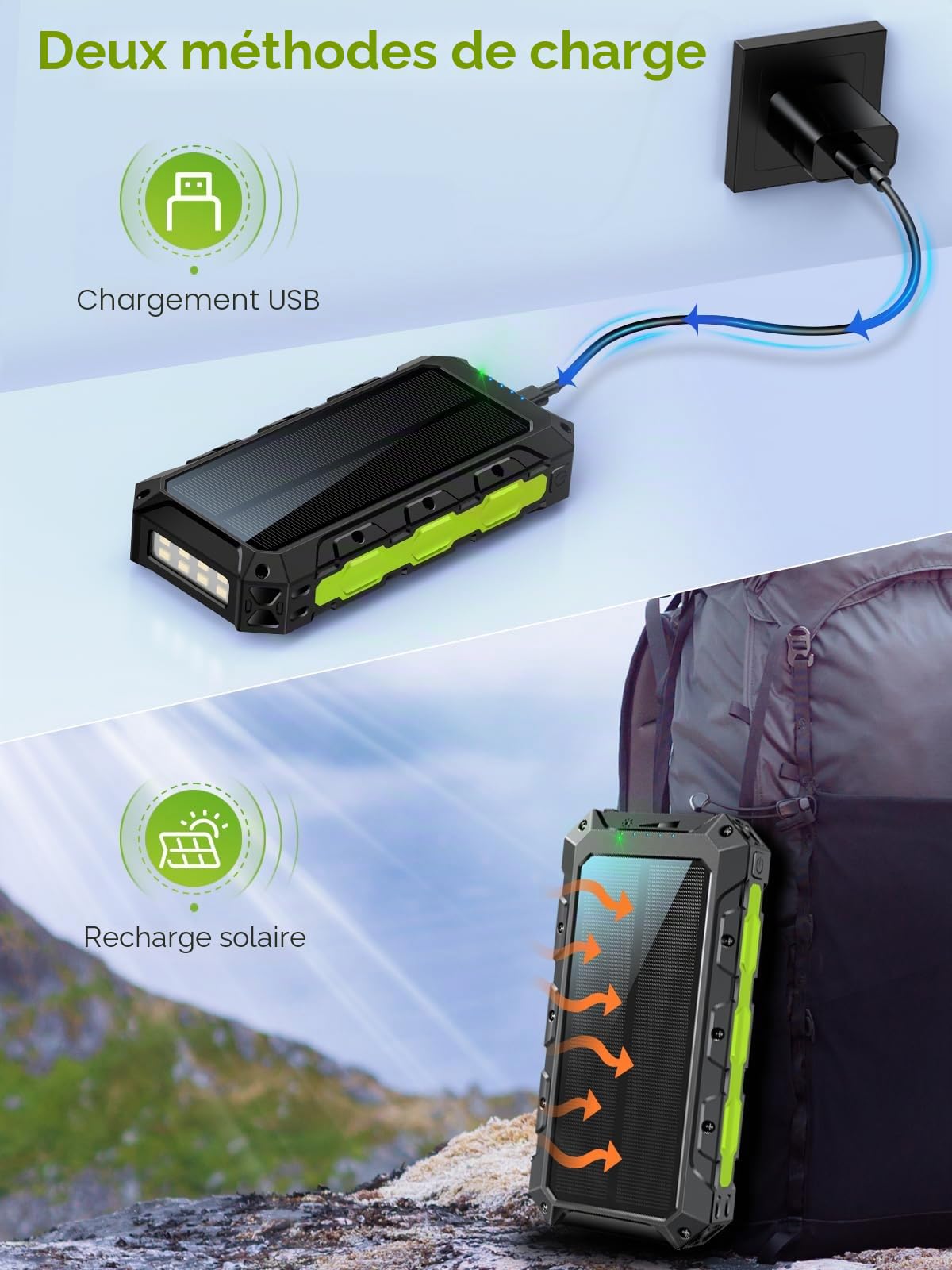 52800mAh Batterie Externe Power Bank 30W PD Charge Rapide Batterie Solaire avec 3 Câble Intégré,7 Sorties & 2 Entrées,USB C Chargeur Rapide Portable avec Lampe de Poche|Affichage LED pour Téléphone