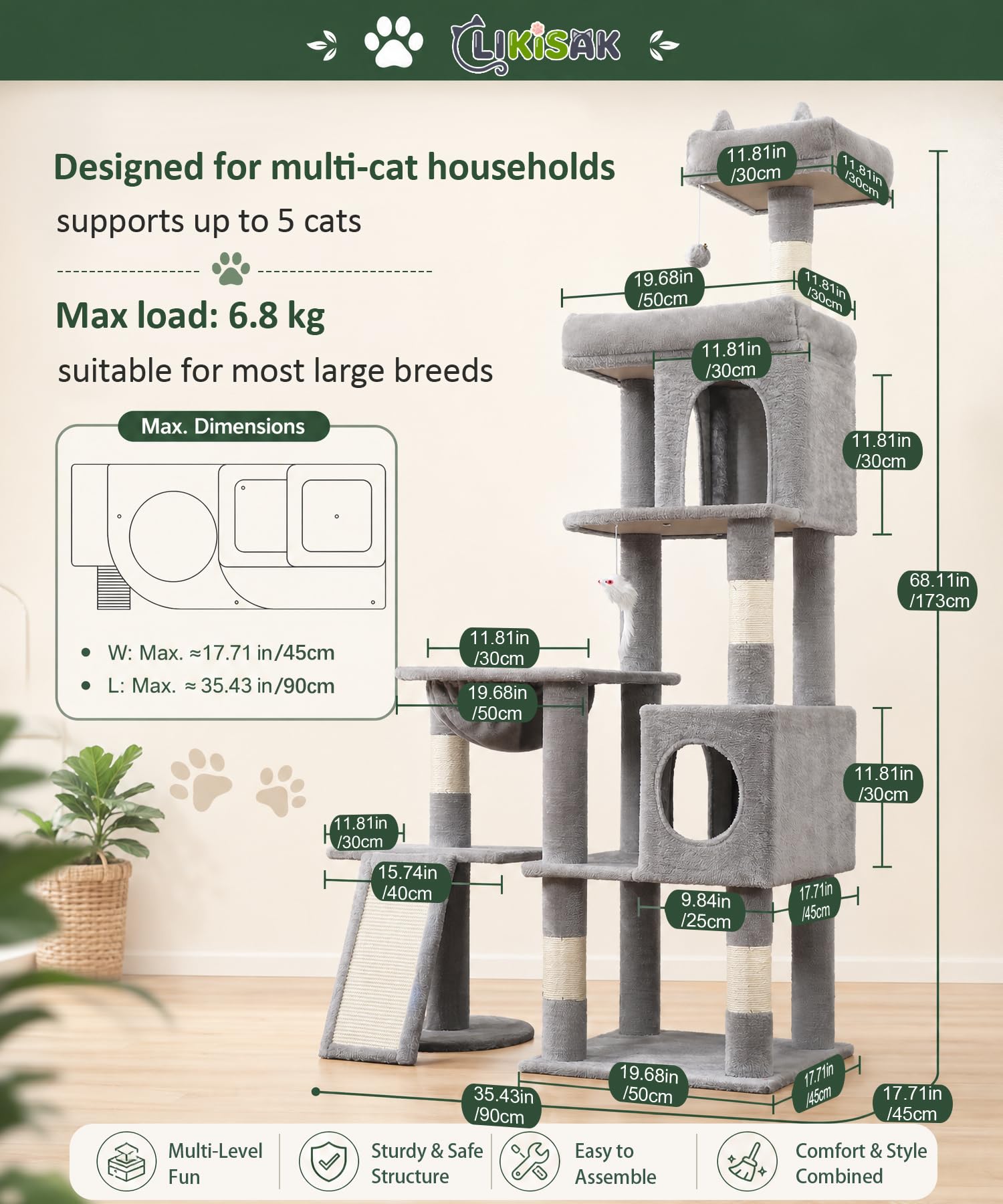 Albero per gatti da interno resistente, 172 cm, torre per gatti grandi con tiragraffi in sisal e posatoio superiore, grande piattaforma per gatti adulti, PMT02GY, grigio