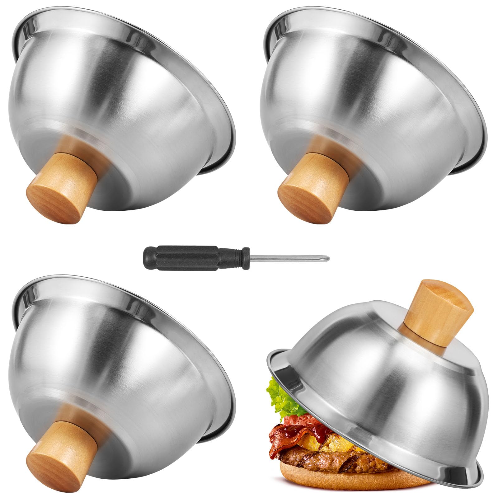Sutowe 4Pcs Burger Covers with Bamboo Handle Stainless Steel Basting Cover Round Cheese Melting Dome 16cm Steaming Cover for Cooking Hamburgers Steaks Bacon BBQ